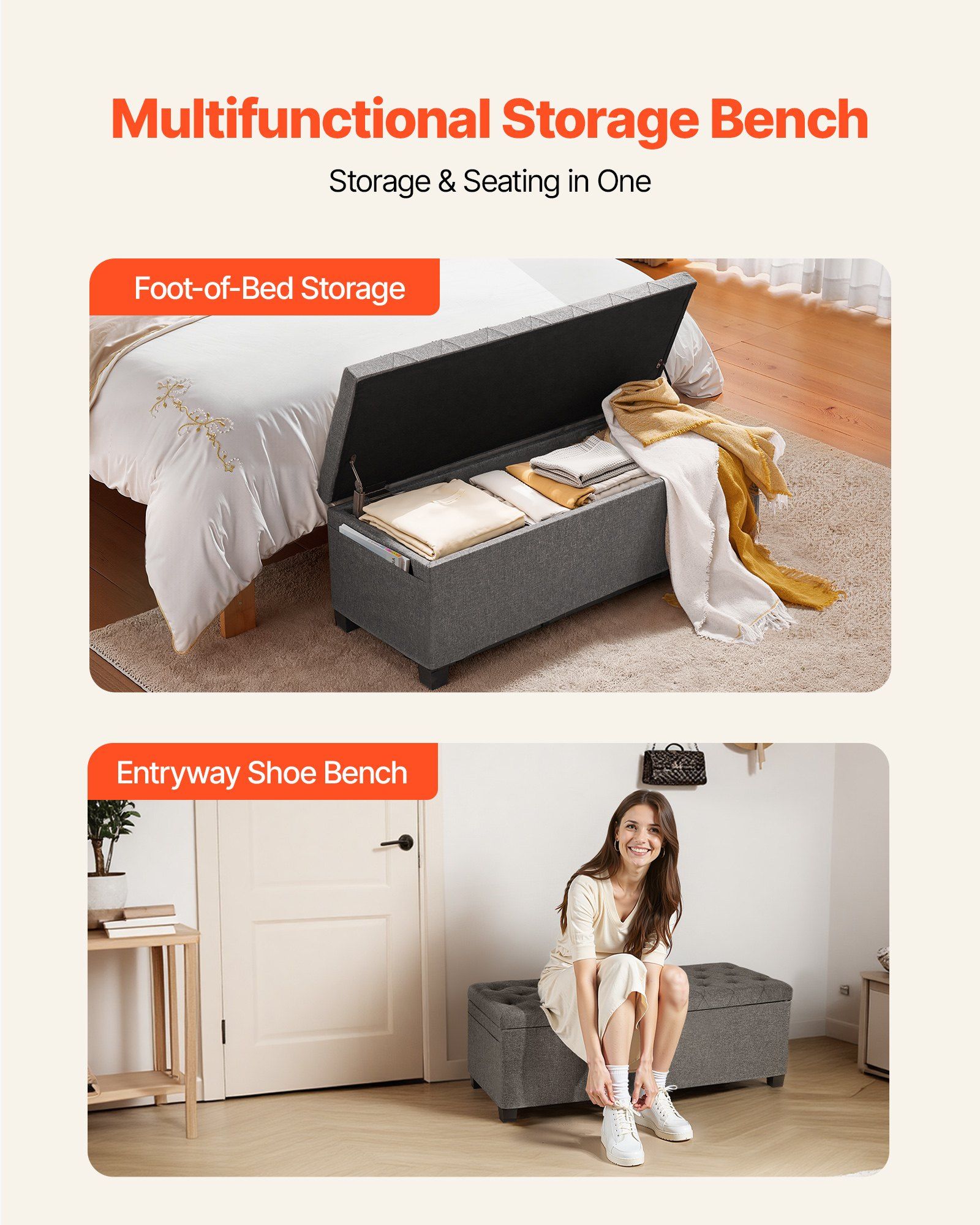 Storage Ottoman Bench, Button-Tufted End of Bed Bench with Side Bags, Flip-up Upholstered Storage Chest with Metal Frame, Linen Bed Ottoman for Living Room, Bedroom, Entryway, Office, Grey - Image 3