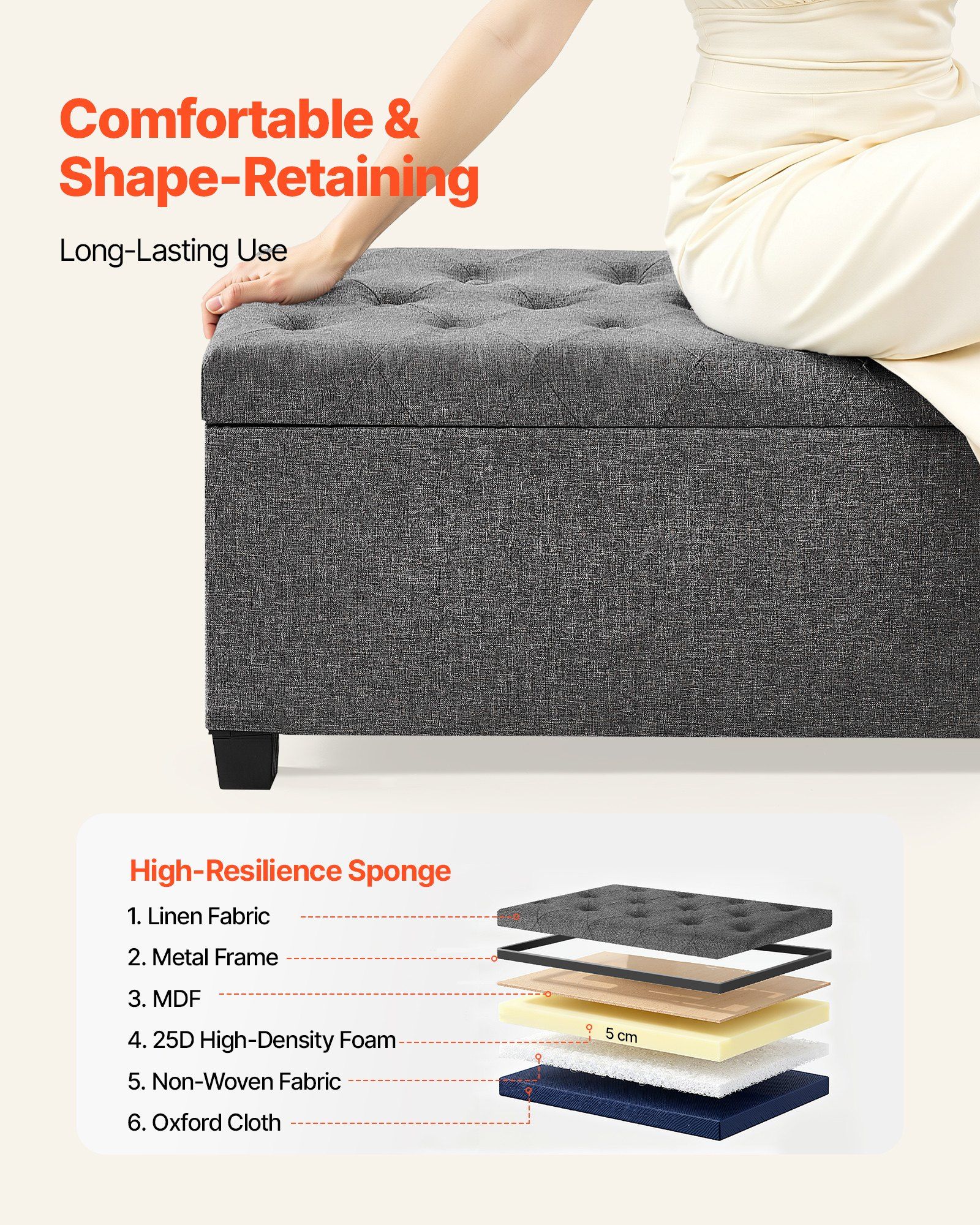 Storage Ottoman Bench, Button-Tufted End of Bed Bench with Side Bags, Flip-up Upholstered Storage Chest with Metal Frame, Linen Bed Ottoman for Living Room, Bedroom, Entryway, Office, Grey - Image 4