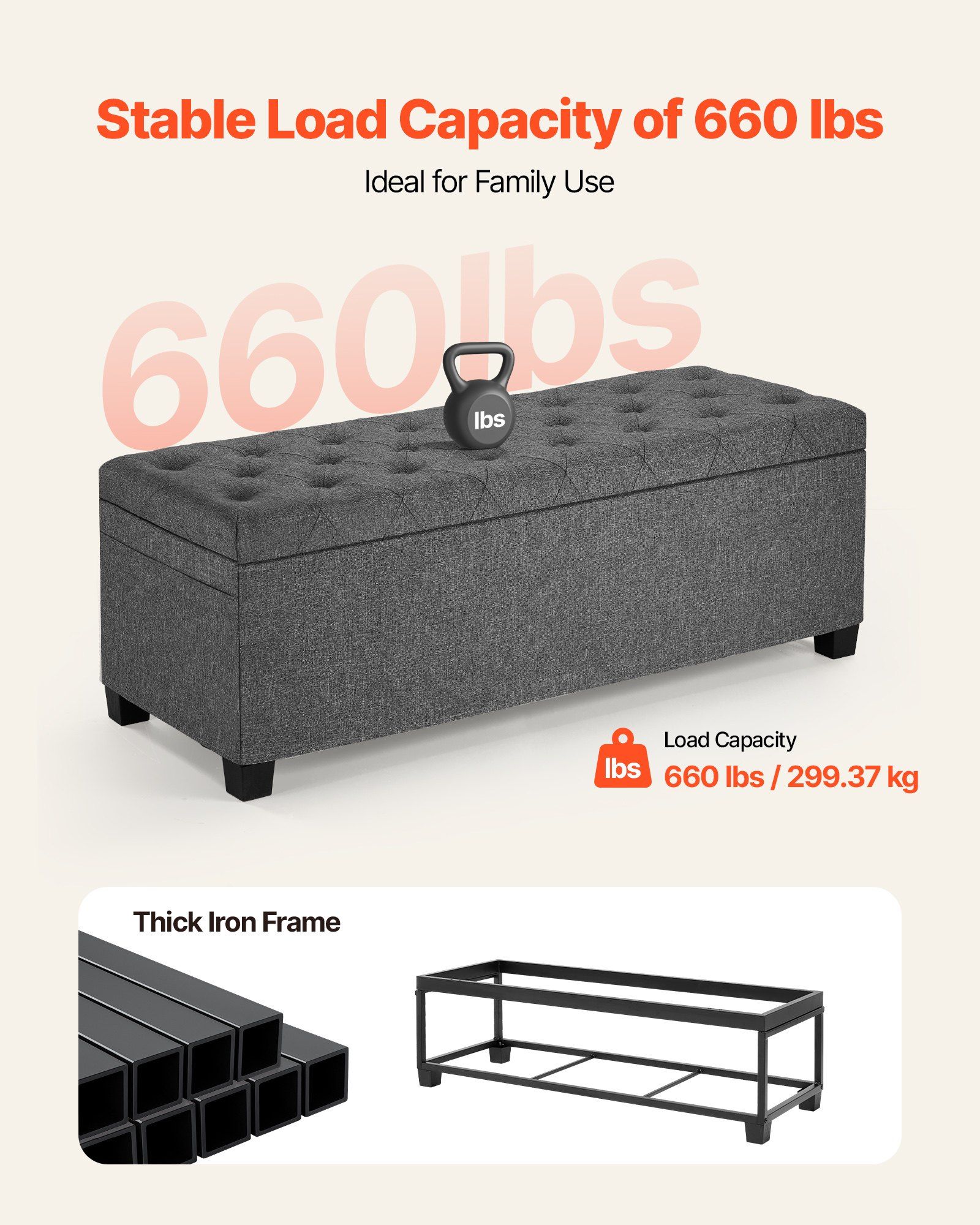 Storage Ottoman Bench, Button-Tufted End of Bed Bench with Side Bags, Flip-up Upholstered Storage Chest with Metal Frame, Linen Bed Ottoman for Living Room, Bedroom, Entryway, Office, Grey - Image 5