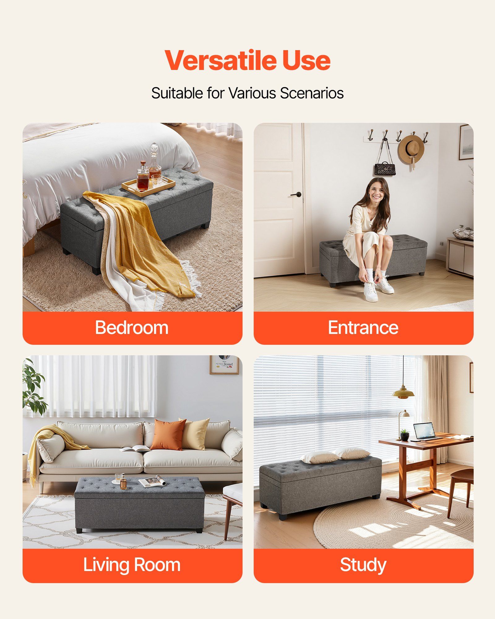 Storage Ottoman Bench, Button-Tufted End of Bed Bench with Side Bags, Flip-up Upholstered Storage Chest with Metal Frame, Linen Bed Ottoman for Living Room, Bedroom, Entryway, Office, Grey - Image 6