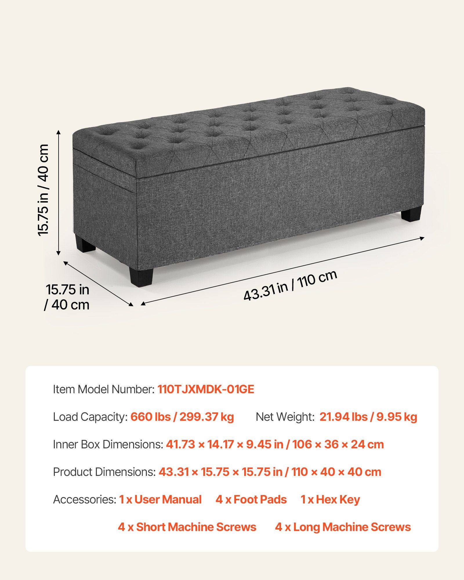 Storage Ottoman Bench, Button-Tufted End of Bed Bench with Side Bags, Flip-up Upholstered Storage Chest with Metal Frame, Linen Bed Ottoman for Living Room, Bedroom, Entryway, Office, Grey - Image 7