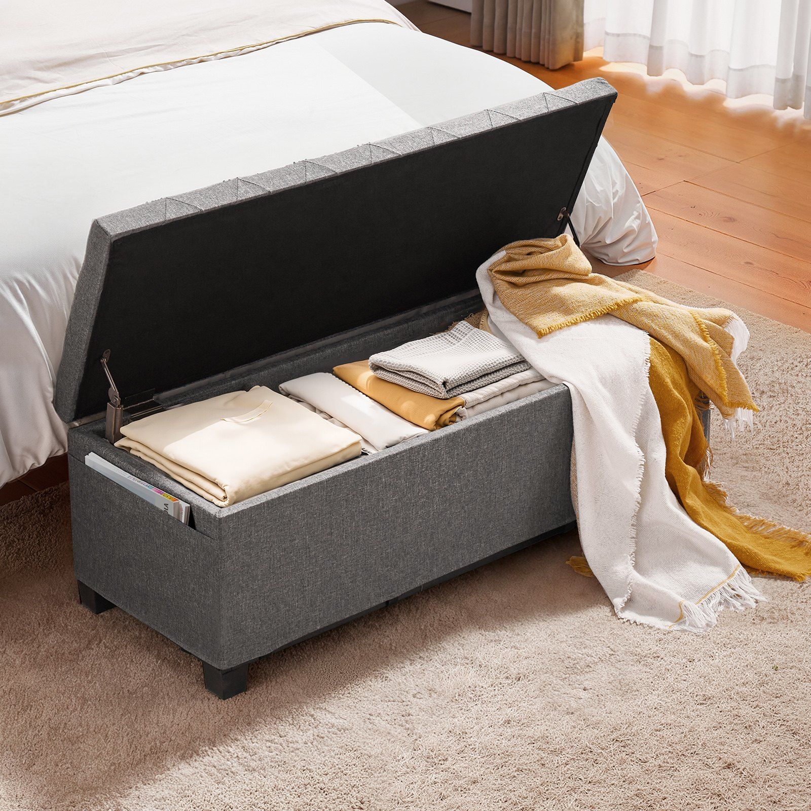 Storage Ottoman Bench, Button-Tufted End of Bed Bench with Side Bags, Flip-up Upholstered Storage Chest with Metal Frame, Linen Bed Ottoman for Living Room, Bedroom, Entryway, Office, Grey - Image 8