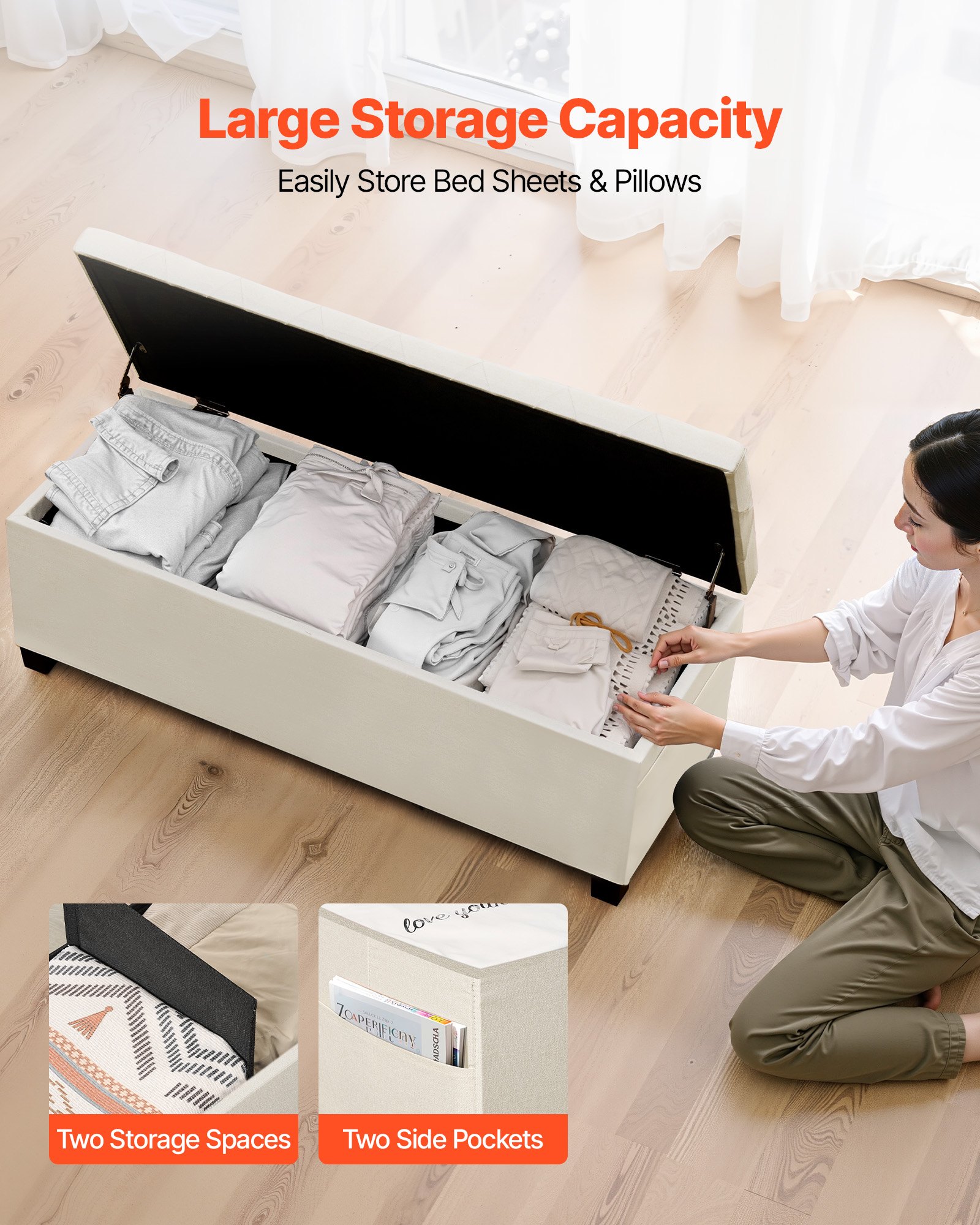 Storage Ottoman Bench, Button-Tufted End of Bed Bench with Side Bags, Flip-up Upholstered Storage Chest with Metal Frame, Linen Bed Ottoman for Living Room, Bedroom, Entryway, Office, Beige - Image 2