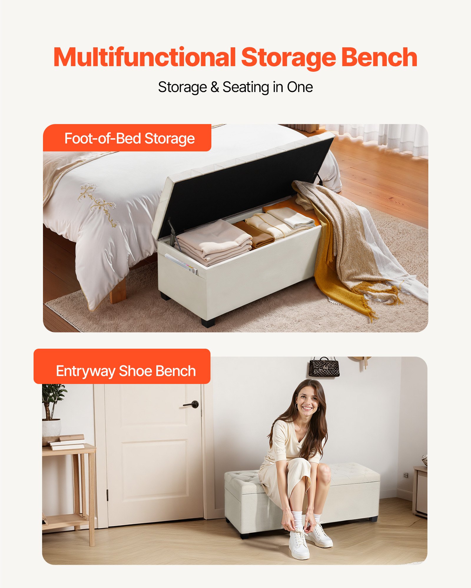 Storage Ottoman Bench, Button-Tufted End of Bed Bench with Side Bags, Flip-up Upholstered Storage Chest with Metal Frame, Linen Bed Ottoman for Living Room, Bedroom, Entryway, Office, Beige - Image 3