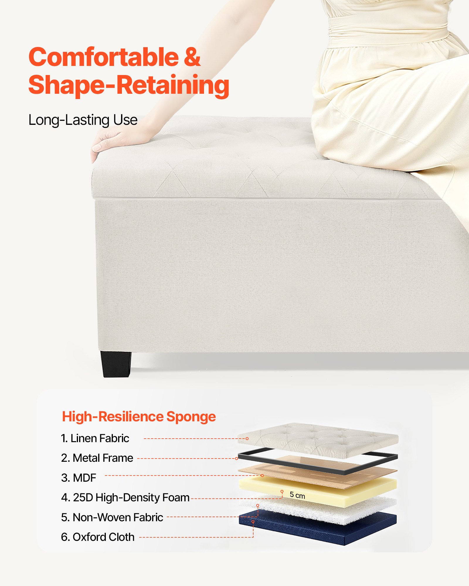 Storage Ottoman Bench, Button-Tufted End of Bed Bench with Side Bags, Flip-up Upholstered Storage Chest with Metal Frame, Linen Bed Ottoman for Living Room, Bedroom, Entryway, Office, Beige - Image 4