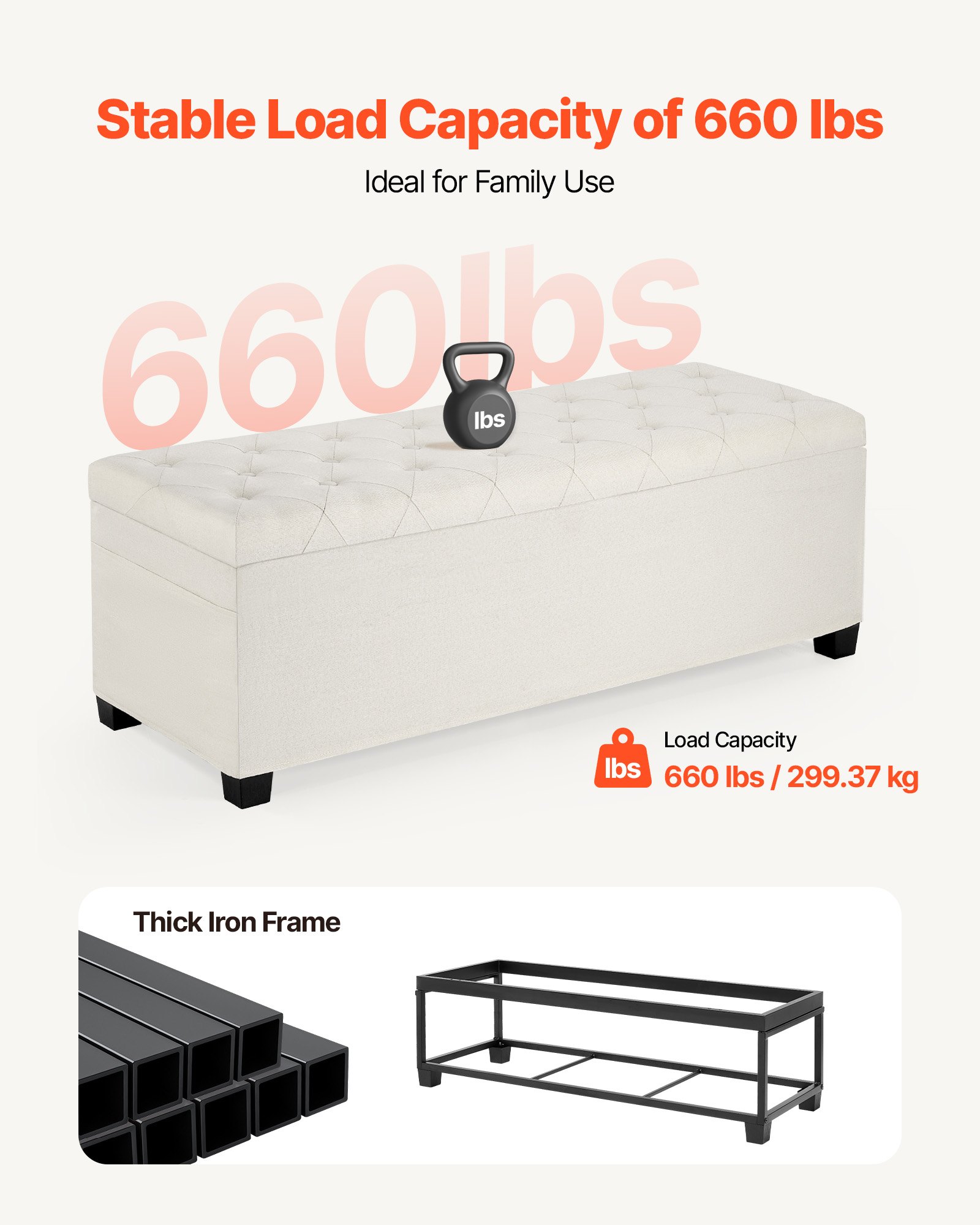 Storage Ottoman Bench, Button-Tufted End of Bed Bench with Side Bags, Flip-up Upholstered Storage Chest with Metal Frame, Linen Bed Ottoman for Living Room, Bedroom, Entryway, Office, Beige - Image 5