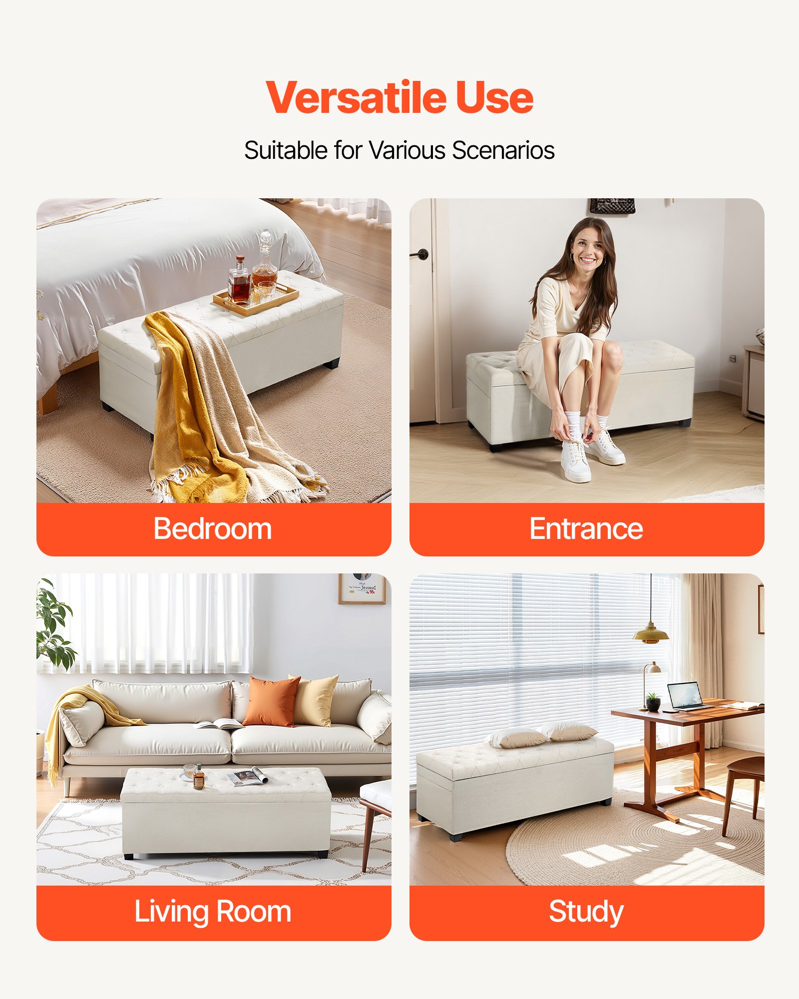 Storage Ottoman Bench, Button-Tufted End of Bed Bench with Side Bags, Flip-up Upholstered Storage Chest with Metal Frame, Linen Bed Ottoman for Living Room, Bedroom, Entryway, Office, Beige - Image 6