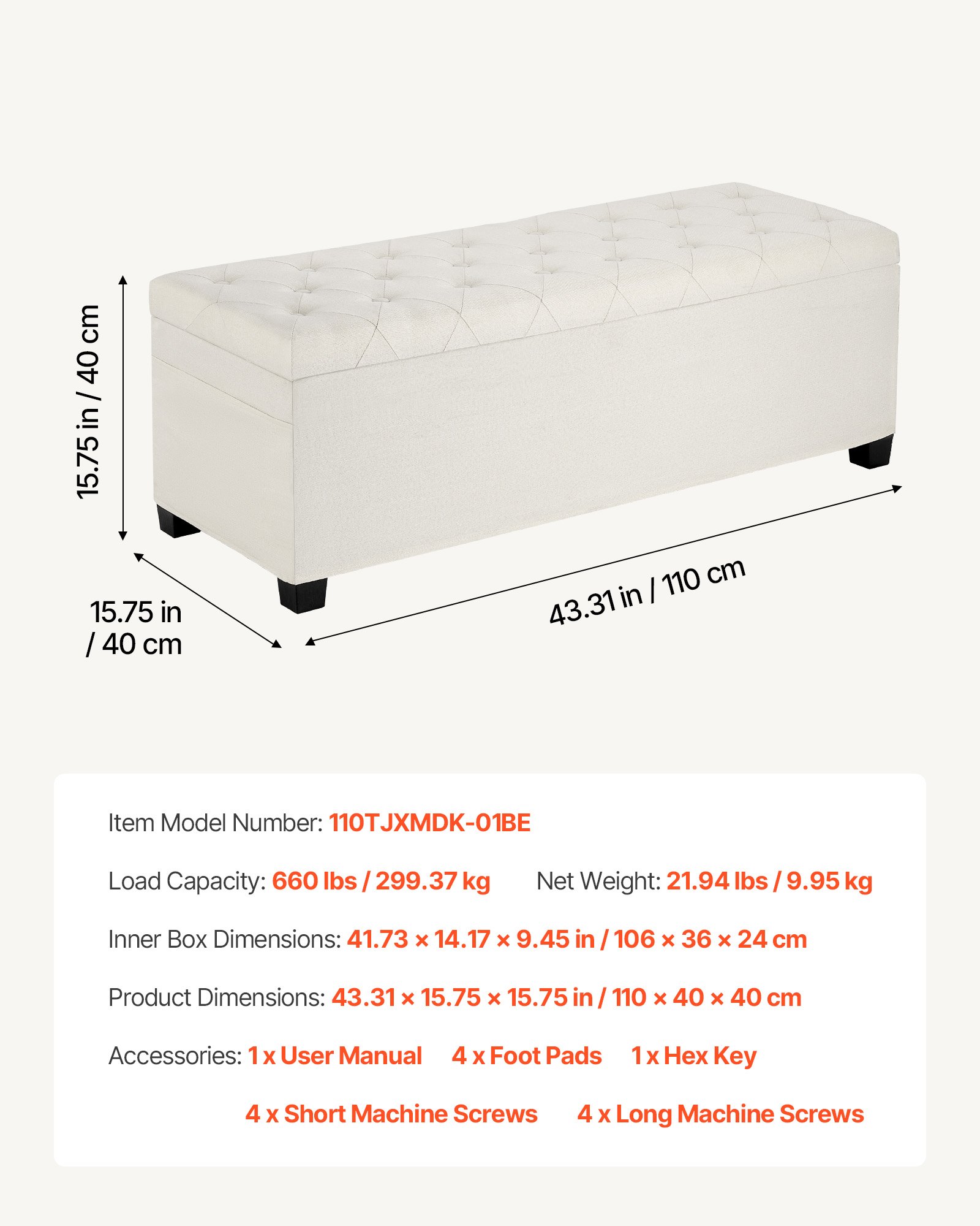 Storage Ottoman Bench, Button-Tufted End of Bed Bench with Side Bags, Flip-up Upholstered Storage Chest with Metal Frame, Linen Bed Ottoman for Living Room, Bedroom, Entryway, Office, Beige - Image 7