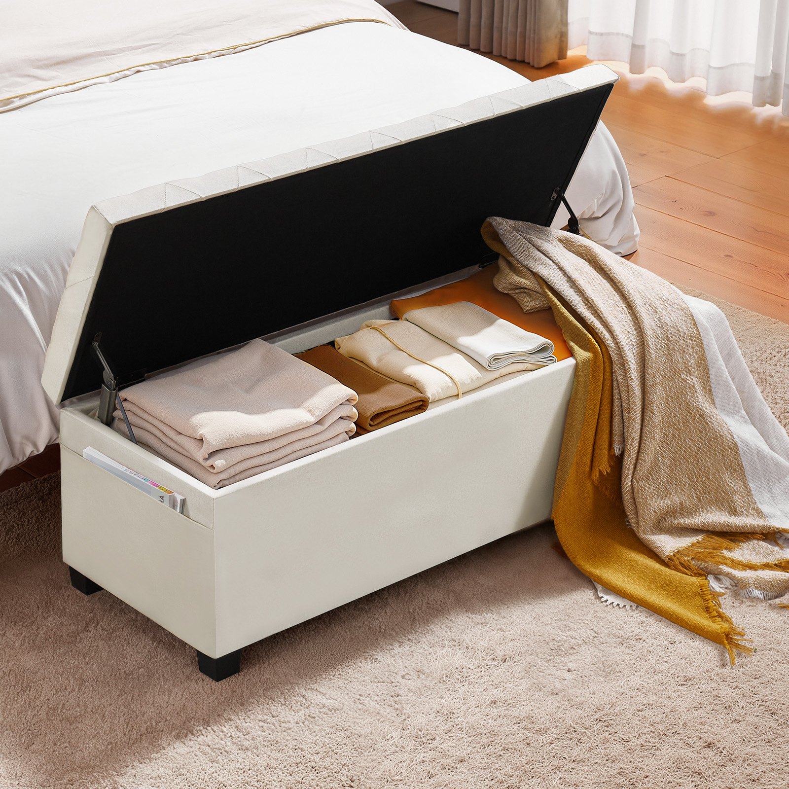 Storage Ottoman Bench, Button-Tufted End of Bed Bench with Side Bags, Flip-up Upholstered Storage Chest with Metal Frame, Linen Bed Ottoman for Living Room, Bedroom, Entryway, Office, Beige - Image 8