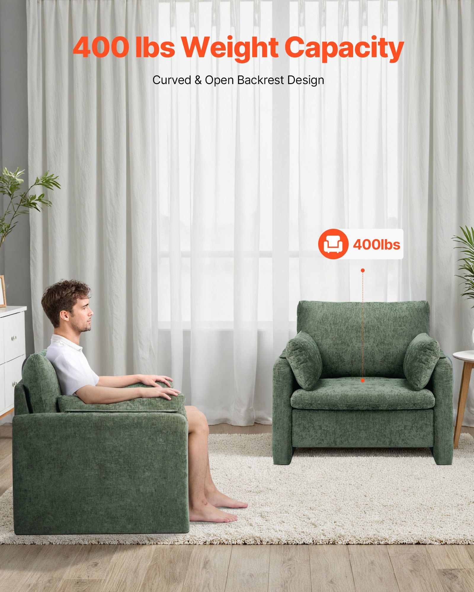 Green Accent Chair, Modern Upholstered Accent Chair with Armrests, Cloth Arm Chairs with Thick Cushion and Arched Backrest, Single Fabric Armchair for Living Room, Bedroom, Study, Office - Image 2