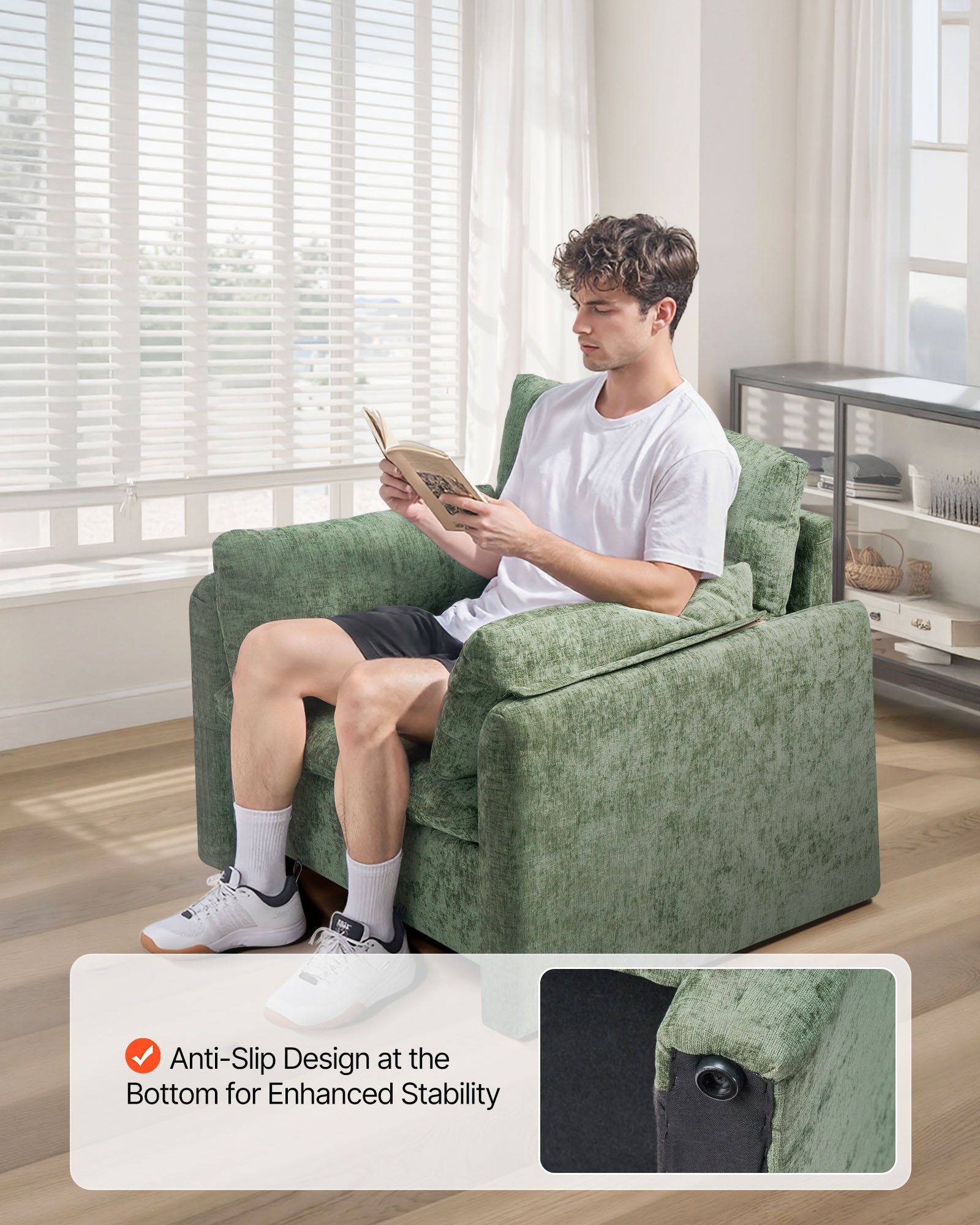 Green Accent Chair, Modern Upholstered Accent Chair with Armrests, Cloth Arm Chairs with Thick Cushion and Arched Backrest, Single Fabric Armchair for Living Room, Bedroom, Study, Office - Image 4