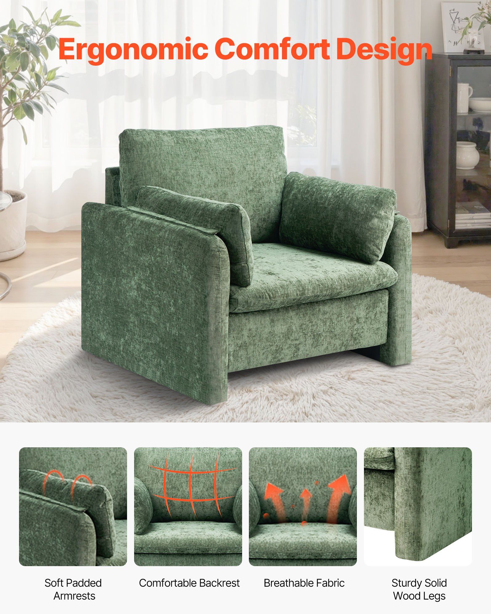 Green Accent Chair, Modern Upholstered Accent Chair with Armrests, Cloth Arm Chairs with Thick Cushion and Arched Backrest, Single Fabric Armchair for Living Room, Bedroom, Study, Office - Image 5