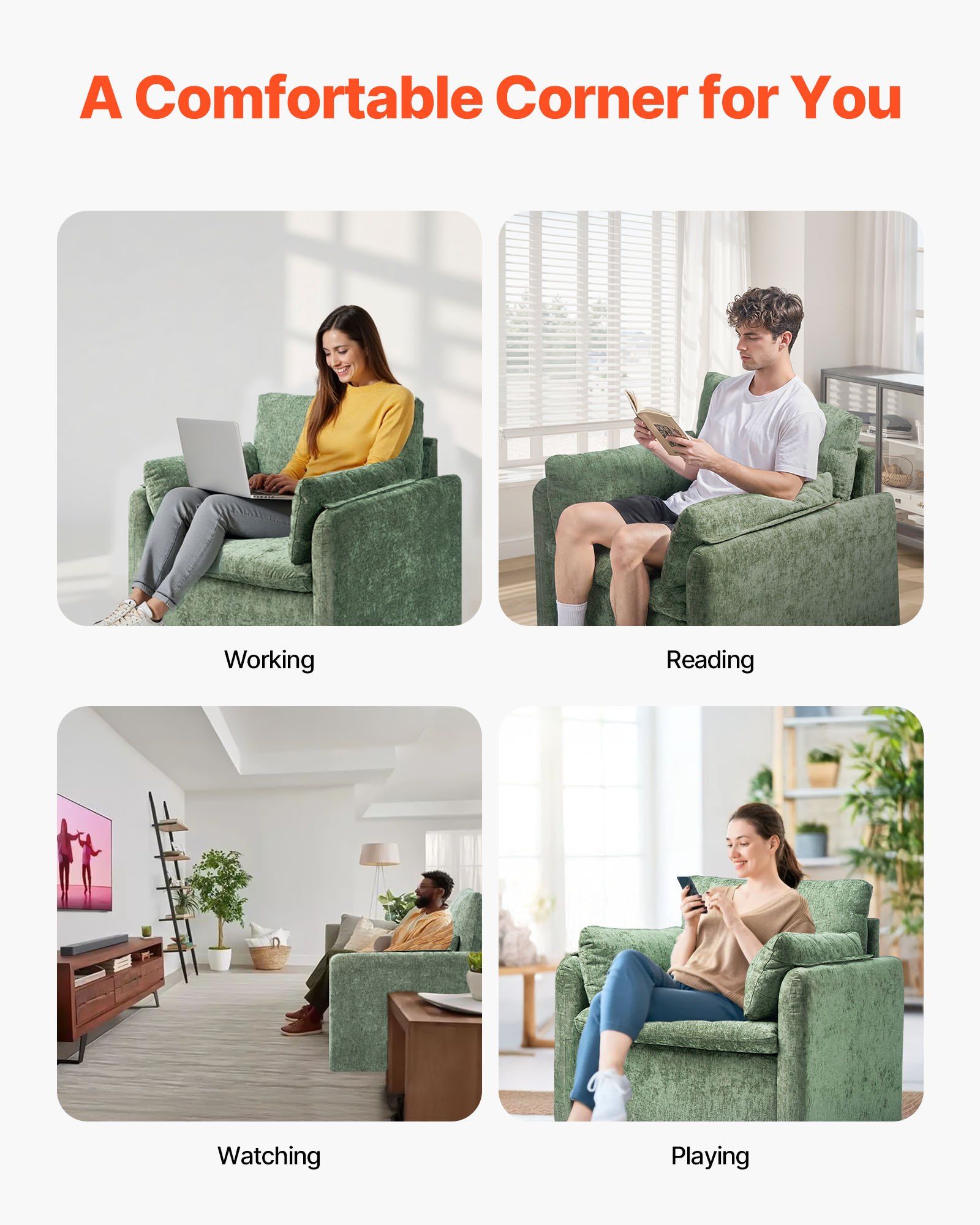 Green Accent Chair, Modern Upholstered Accent Chair with Armrests, Cloth Arm Chairs with Thick Cushion and Arched Backrest, Single Fabric Armchair for Living Room, Bedroom, Study, Office - Image 6