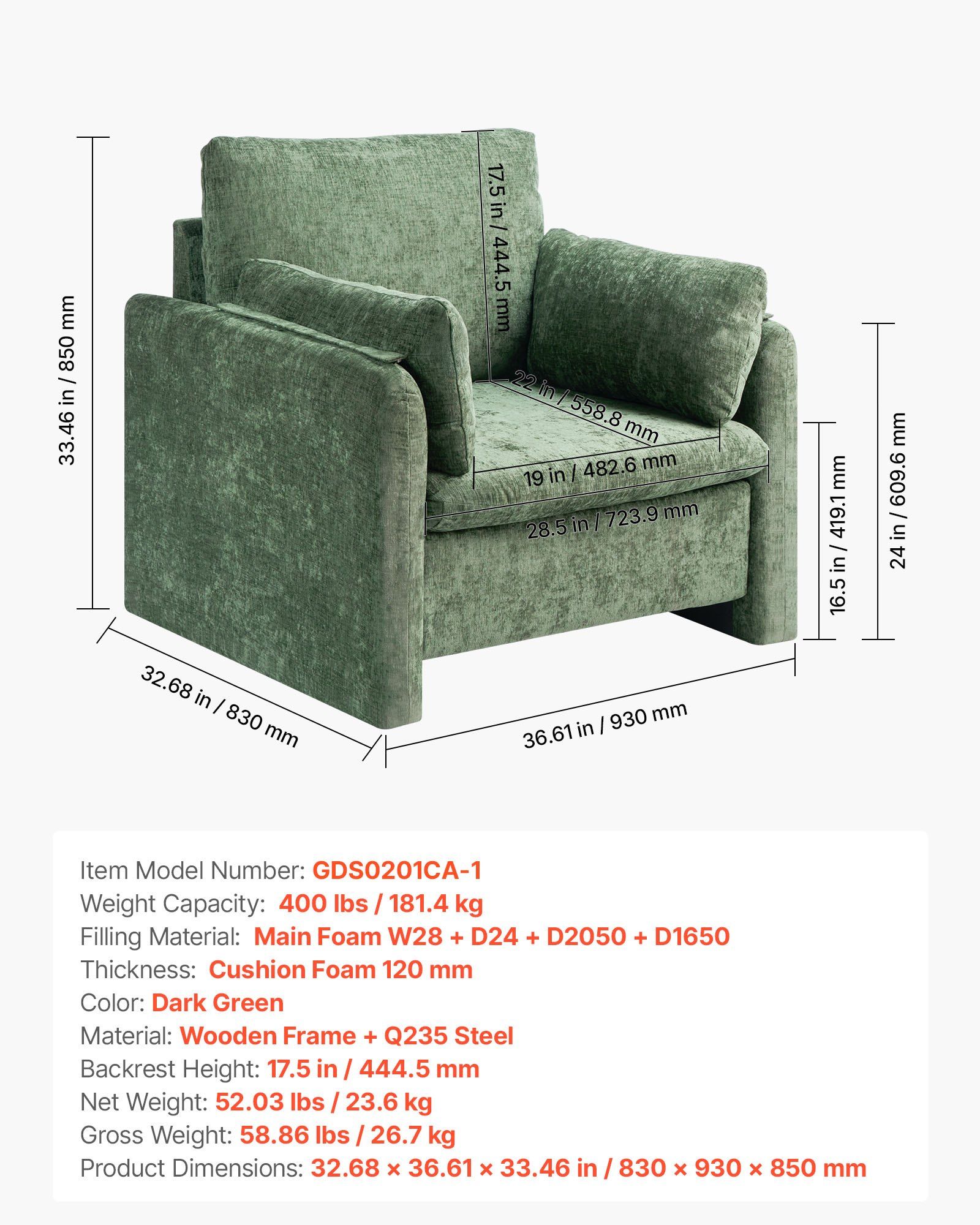 Green Accent Chair, Modern Upholstered Accent Chair with Armrests, Cloth Arm Chairs with Thick Cushion and Arched Backrest, Single Fabric Armchair for Living Room, Bedroom, Study, Office - Image 7