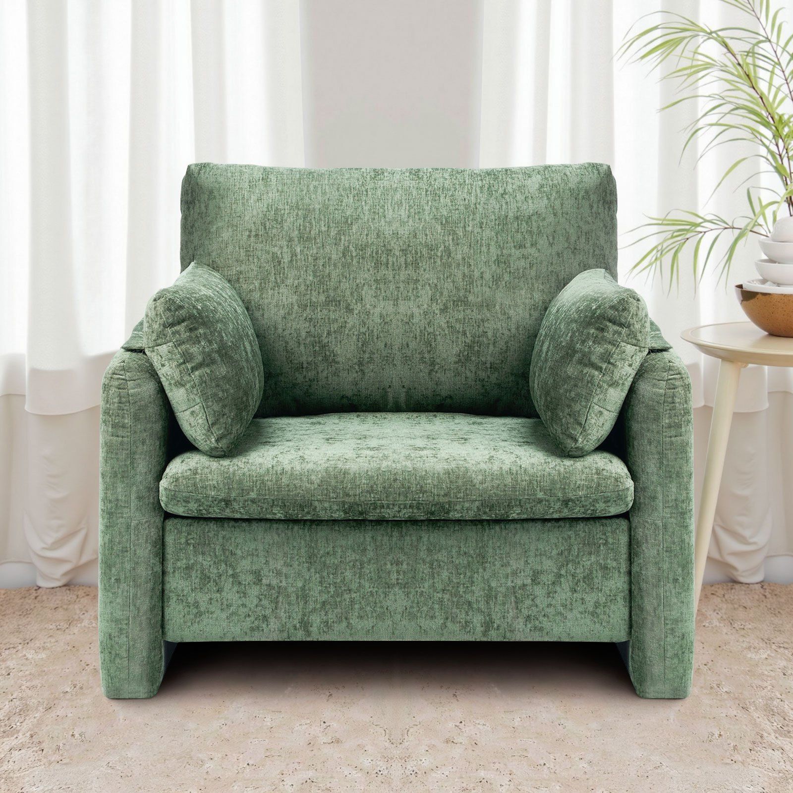 Green Accent Chair, Modern Upholstered Accent Chair with Armrests, Cloth Arm Chairs with Thick Cushion and Arched Backrest, Single Fabric Armchair for Living Room, Bedroom, Study, Office - Image 8