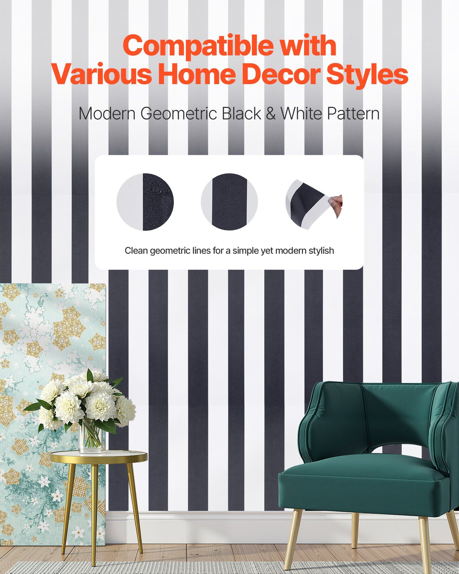 Peel and Stick Wallpaper, 45cm x 15m Contact Paper Black White Modern Geometric Waterpoof Self Adhesive, Easy to Clean Wall Decorative Vinyl Roll for Bedroom Kitchen Office Bathroom - Image 2