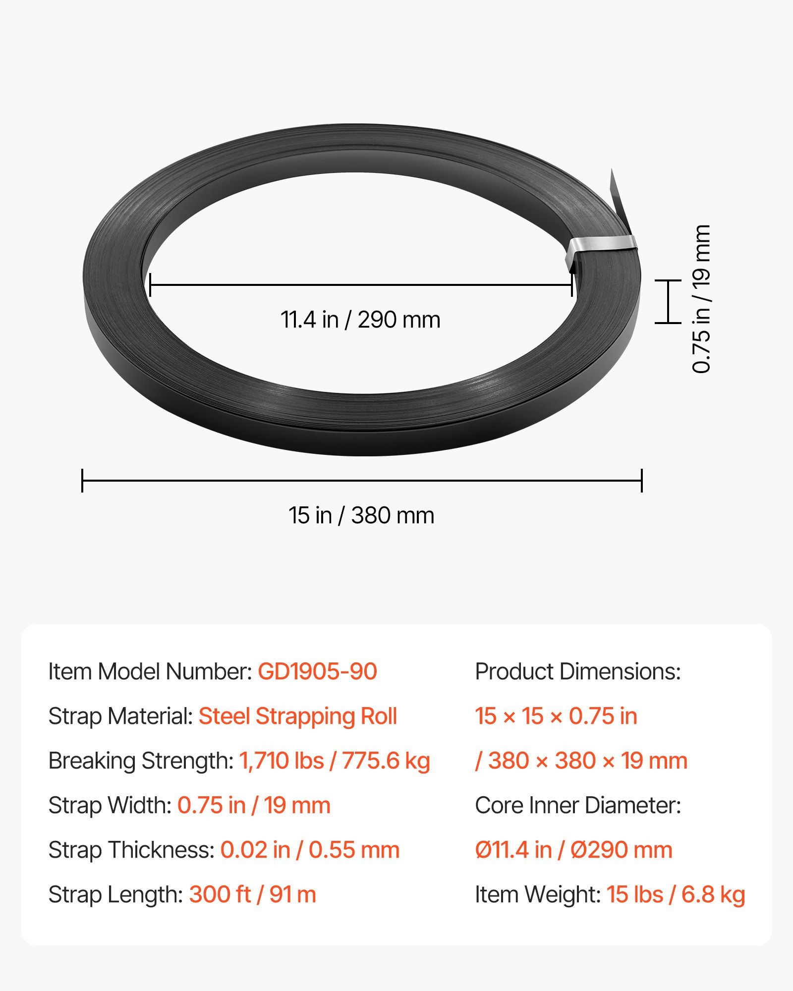 Steel Strapping Coil, 19 mm x 0.55 mm x 91 m, Metal Strapping Banding Roll Withstands Harsh Environment, 775.6 kg Break Strength, Heavy Duty Banding Pallet Strap Coil for Pallet Packing - Image 7