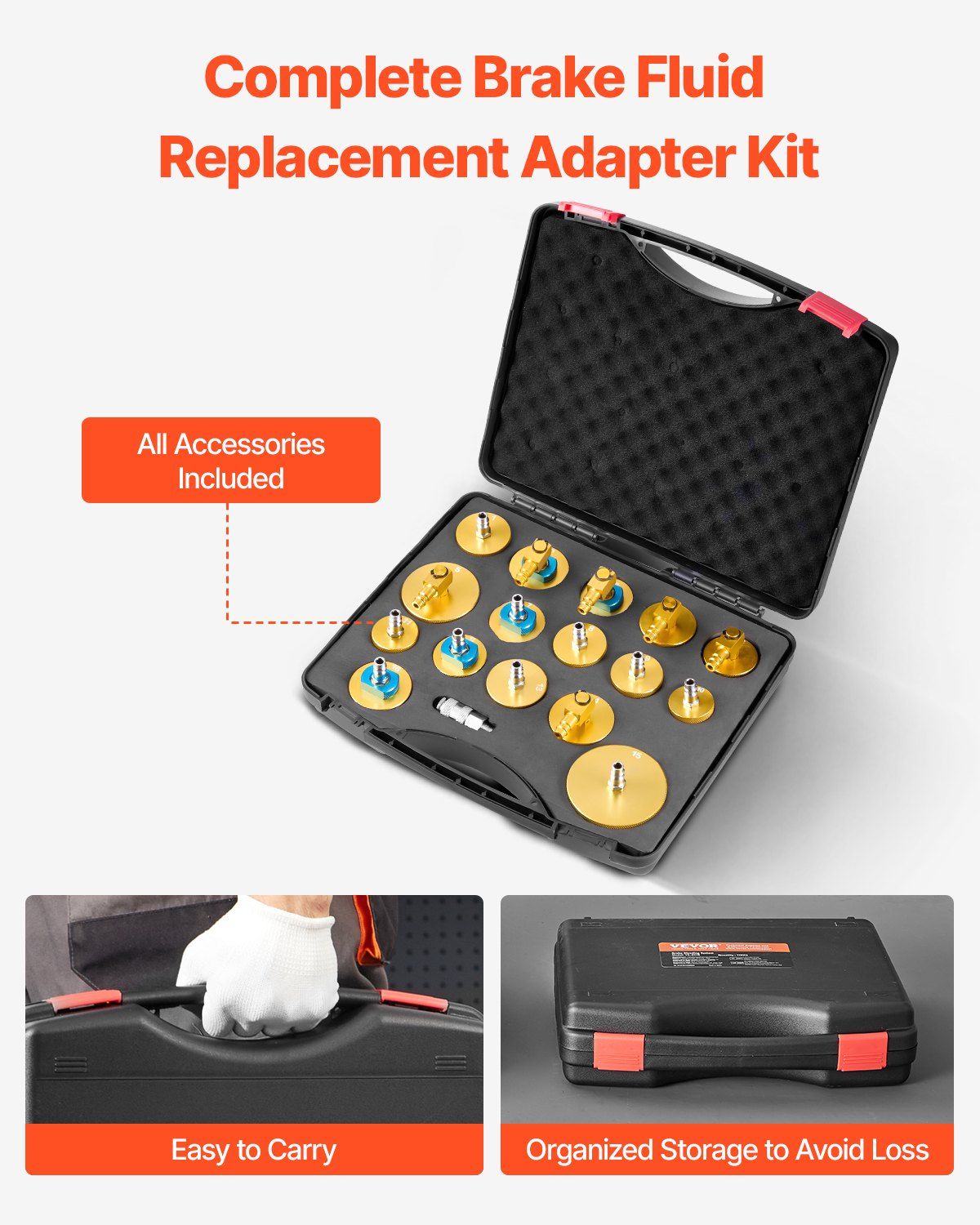 Brake Master Bleeder Kit, 17 Pcs, Professional Brake Bleeder Adapter Set with Complete Kit & Handle, Durable Brake Bleeder Adapter for Brake Fluid Filling Fit for Most New & Old Vehicles - Image 3