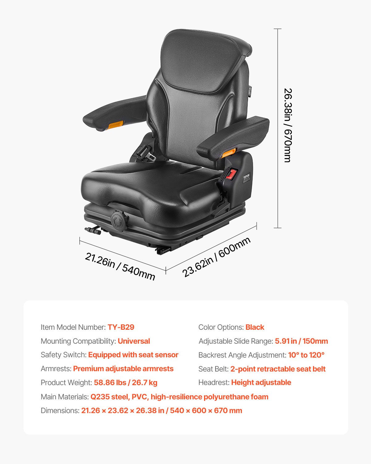 Universal Forklift Seat, Tractor Suspension Seat with Adjustable Back, Armrest, Headrest & Safety Belt, Secure Fold Down Tractor Seat with Micro Switch, Lawnmower Seat for Skid Loader Bulldozer - Image 7