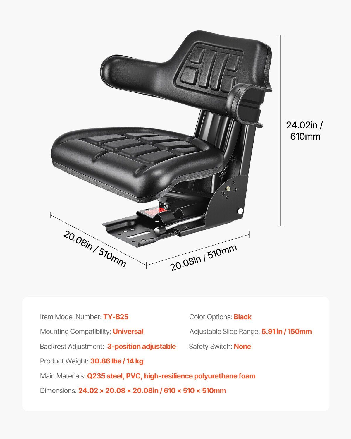 Universal Forklift Seat, Waterproof Tractor Suspension Seat with Adjustable Back, Secure Tractor Seat with Micro Switch, Widely Compatible Seat for Skid Loader Bulldozer - Image 7
