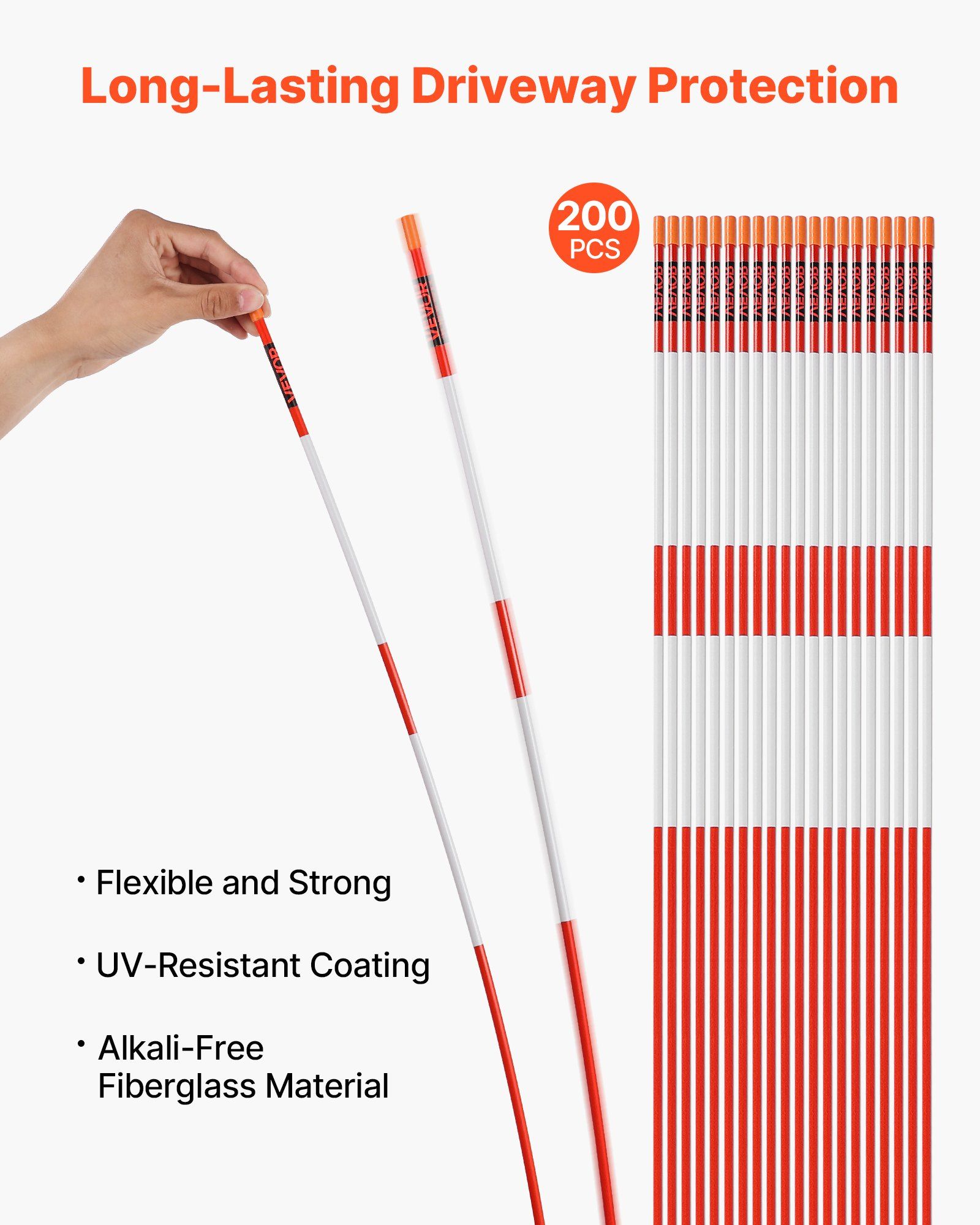 Driveway Markers, 200Pcs 122cm Long 6.35mm Dia, Hi-Visibility Driveway Reflectors with 12 in Steel Drill Bits, Reflective Snow Sticks Fiberglass Pole for Parking Lots, Walkways, Snow Plowing - Image 2