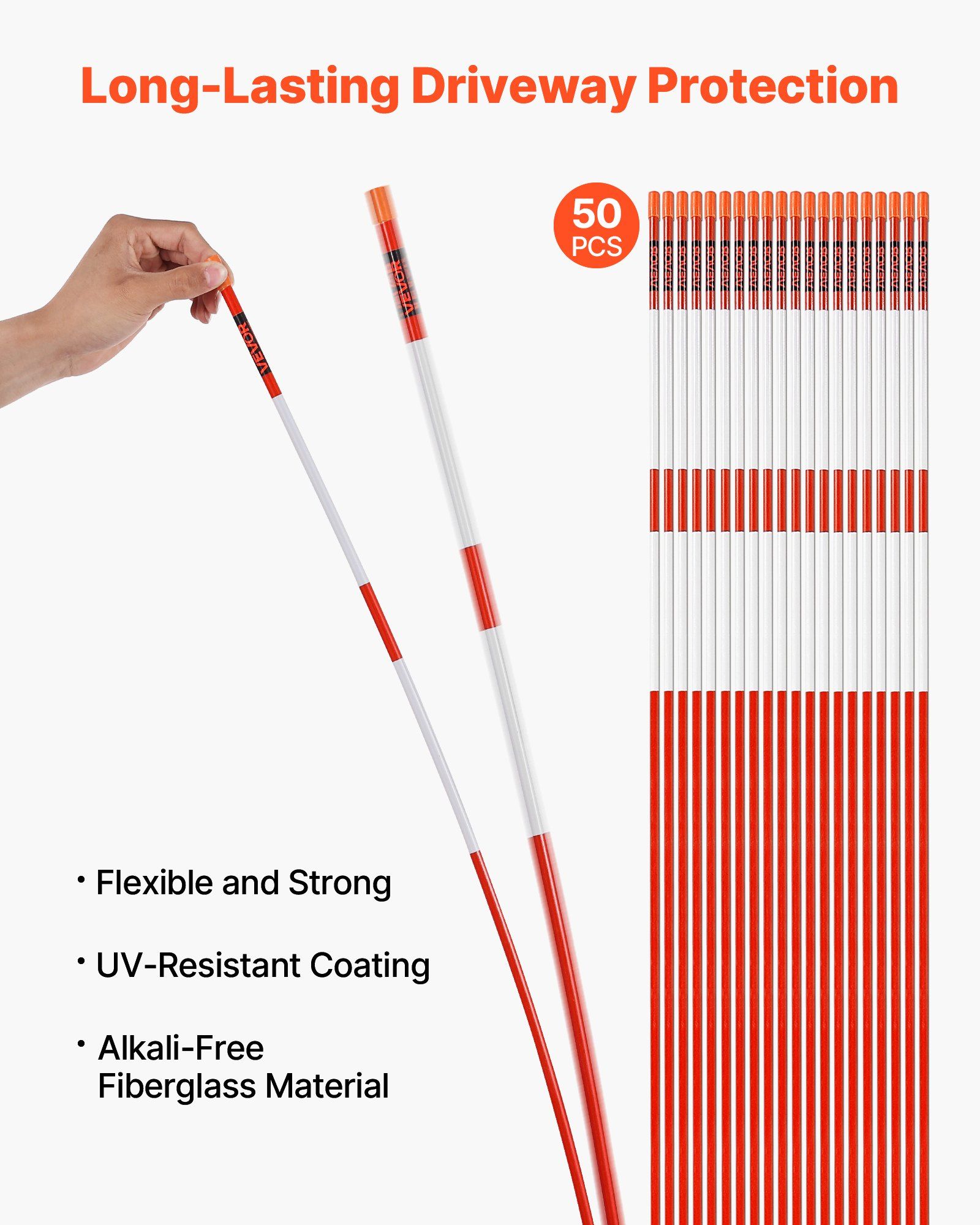 Driveway Markers, 50Pcs 152cm Long 7.87mm Dia, Hi-Visibility Driveway Reflectors with 12 in Steel Drill Bits, Reflective Snow Sticks Fiberglass Pole for Parking Lots, Walkways, Snow Plowing - Image 2