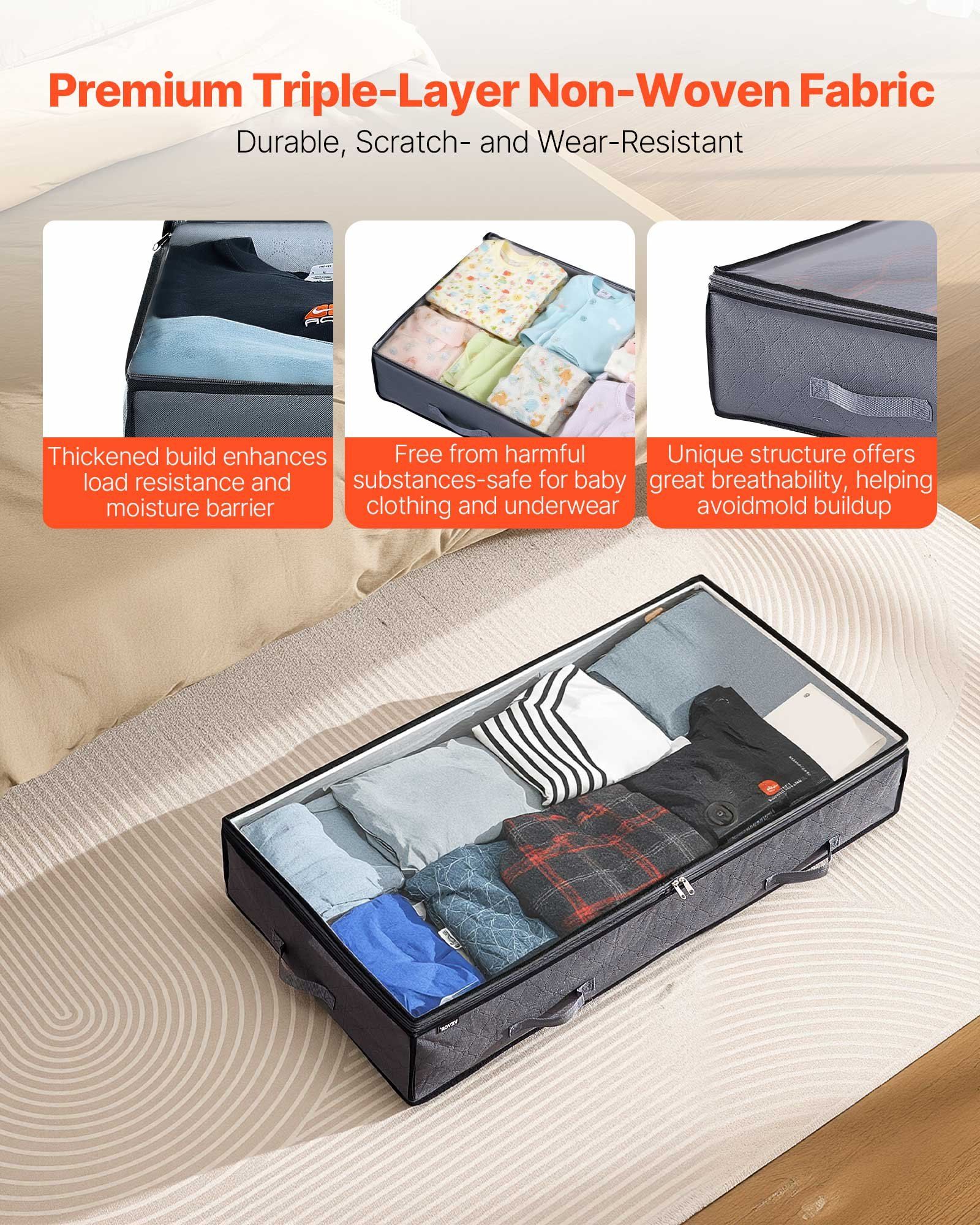 Under Bed Storage with Clear Lids, 996 x 500 x 180 mm, 90L Large Underbed Clothes Storage Containers, Low Profile Under Bed Drawer Shoe Organizer Bins Box for Blanket Shoe Bedroom, 6 Pack - Image 2