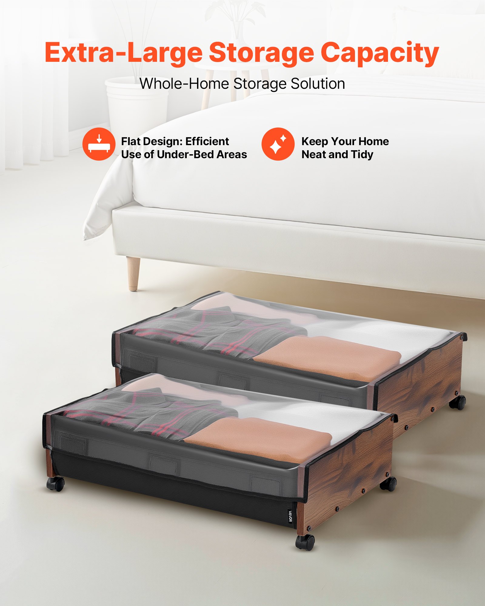 Under Bed Storage with Wheels, 650 x 460 x 180 mm Underbed Containers, Underbed Shoes Organizer with Lockable Wheels, Rolling Under the Bed Storage Bins for Clothes, Shoes, Blankets, 2 Pack - Image 2