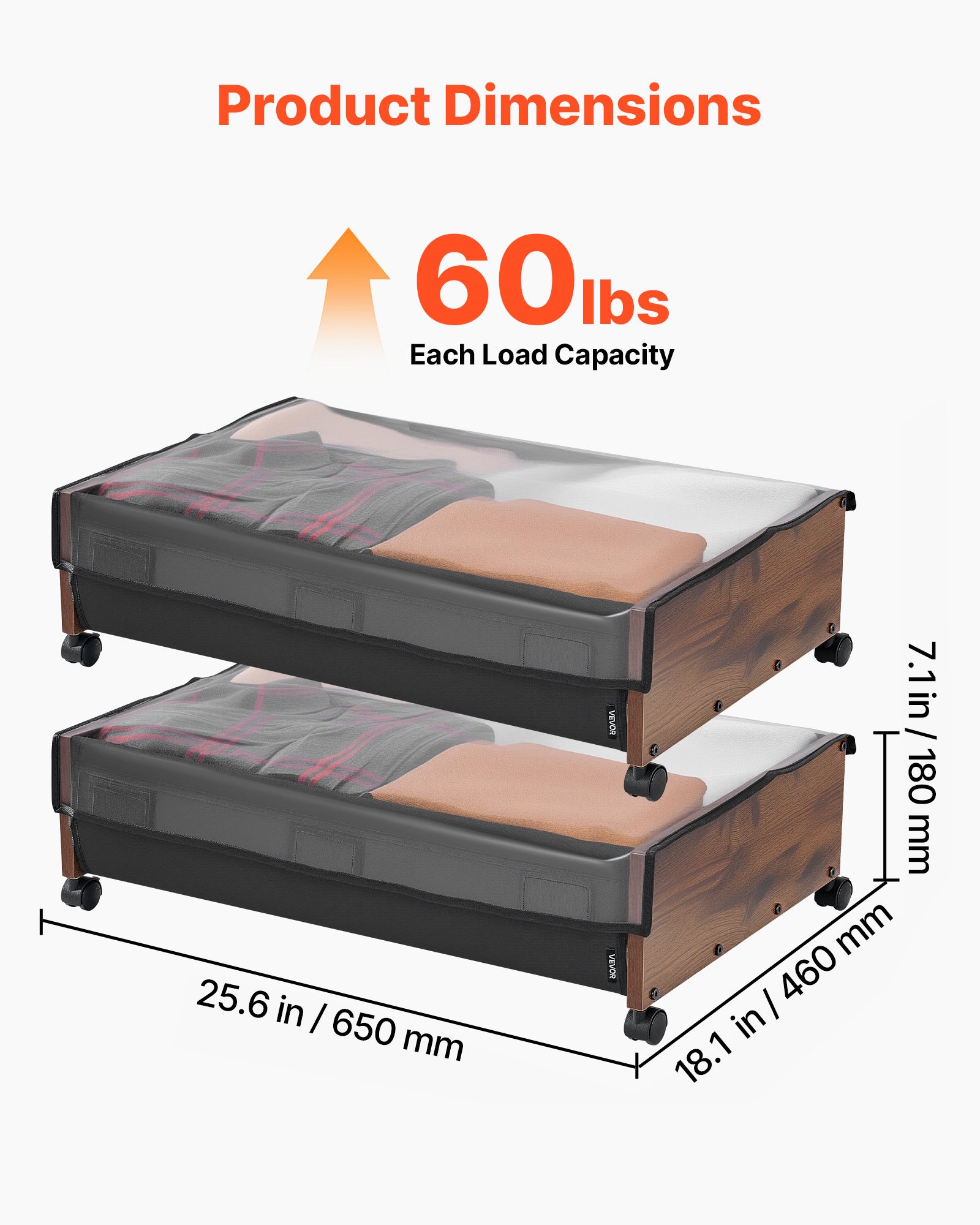 Under Bed Storage with Wheels, 650 x 460 x 180 mm Underbed Containers, Underbed Shoes Organizer with Lockable Wheels, Rolling Under the Bed Storage Bins for Clothes, Shoes, Blankets, 2 Pack - Image 3