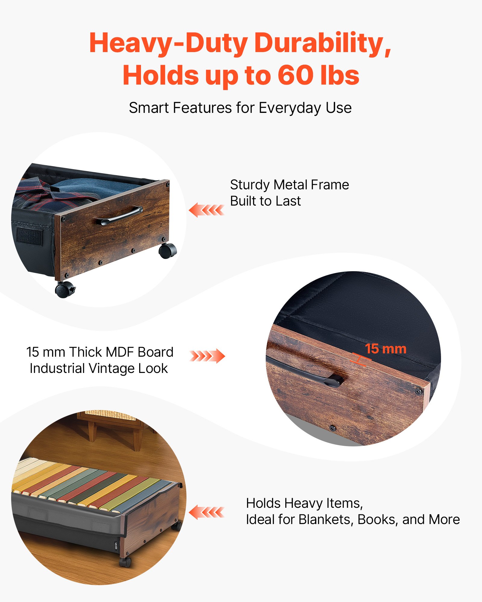 Under Bed Storage with Wheels, 650 x 460 x 180 mm Underbed Containers, Underbed Shoes Organizer with Lockable Wheels, Rolling Under the Bed Storage Bins for Clothes, Shoes, Blankets, 2 Pack - Image 5