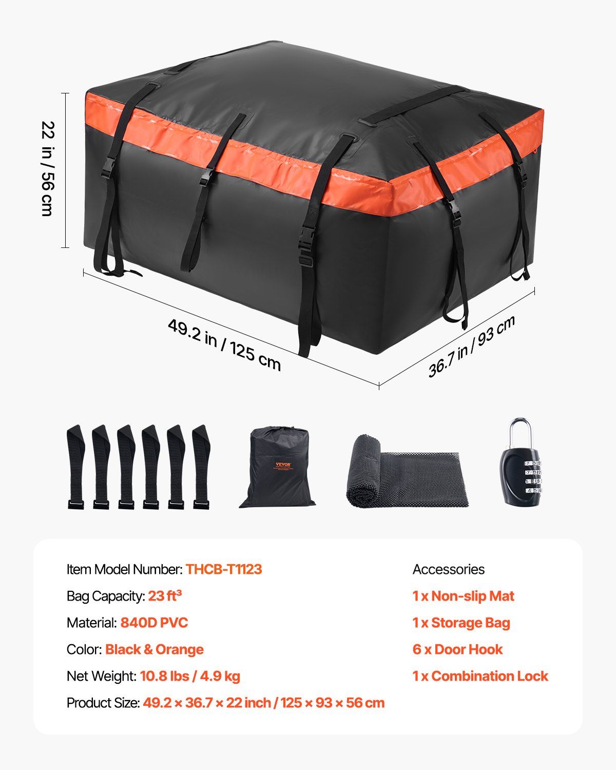 Car Rooftop Cargo Carrier Bag, 23 Cubic Feet Roof Cargo Carrier, Heavy Duty 840D PVC 100% Waterproof Car Roof Luggage Bag for All Vehicle with/without Rack- with Lock, Anti-Slip Mat, 6 Door Hook - Image 7