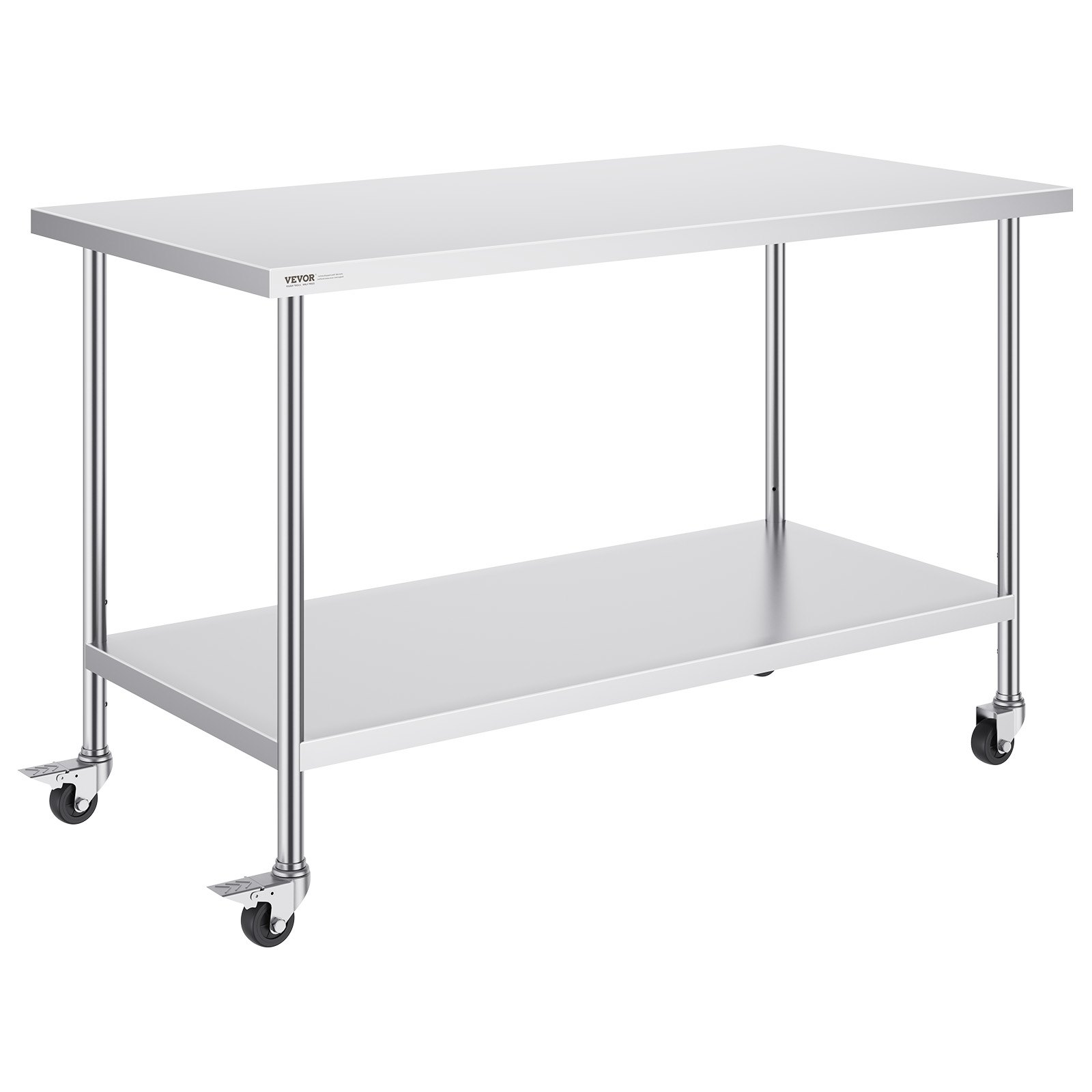 Stainless Steel Work Table 30 x 60 x 38 Inch, with 4 Wheels, 3 Adjustable Height Levels, Heavy Duty Food Prep Worktable for Commercial Kitchen Restaurant, Silver - Image 1