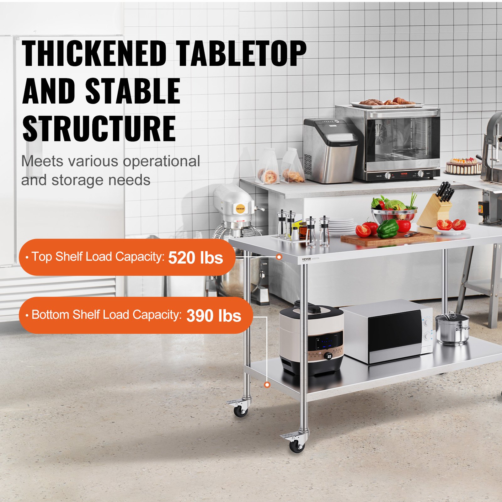 Stainless Steel Work Table 30 x 60 x 38 Inch, with 4 Wheels, 3 Adjustable Height Levels, Heavy Duty Food Prep Worktable for Commercial Kitchen Restaurant, Silver - Image 3
