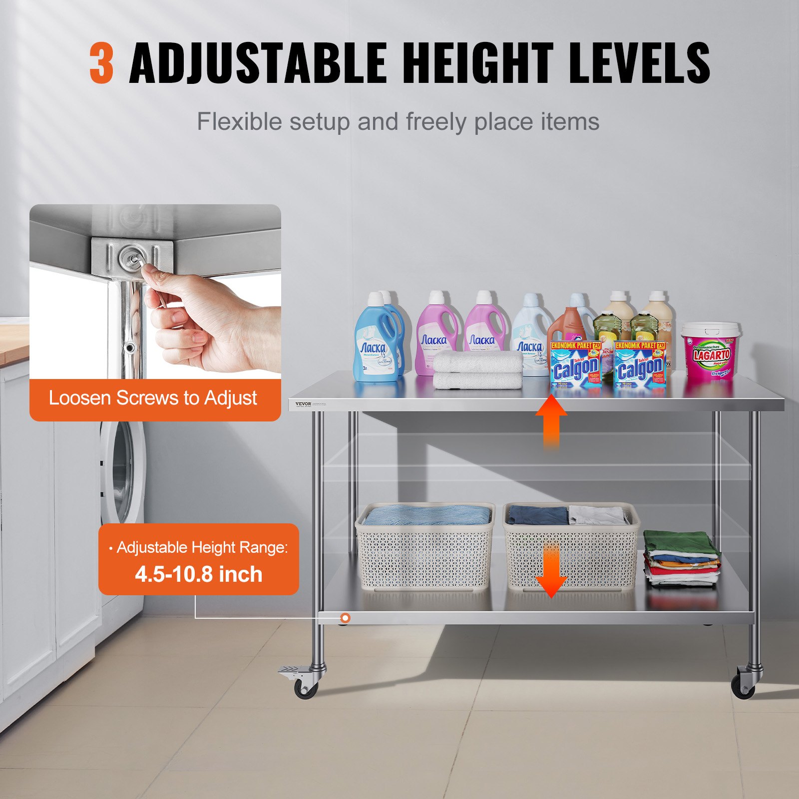 Stainless Steel Work Table 30 x 60 x 38 Inch, with 4 Wheels, 3 Adjustable Height Levels, Heavy Duty Food Prep Worktable for Commercial Kitchen Restaurant, Silver - Image 5