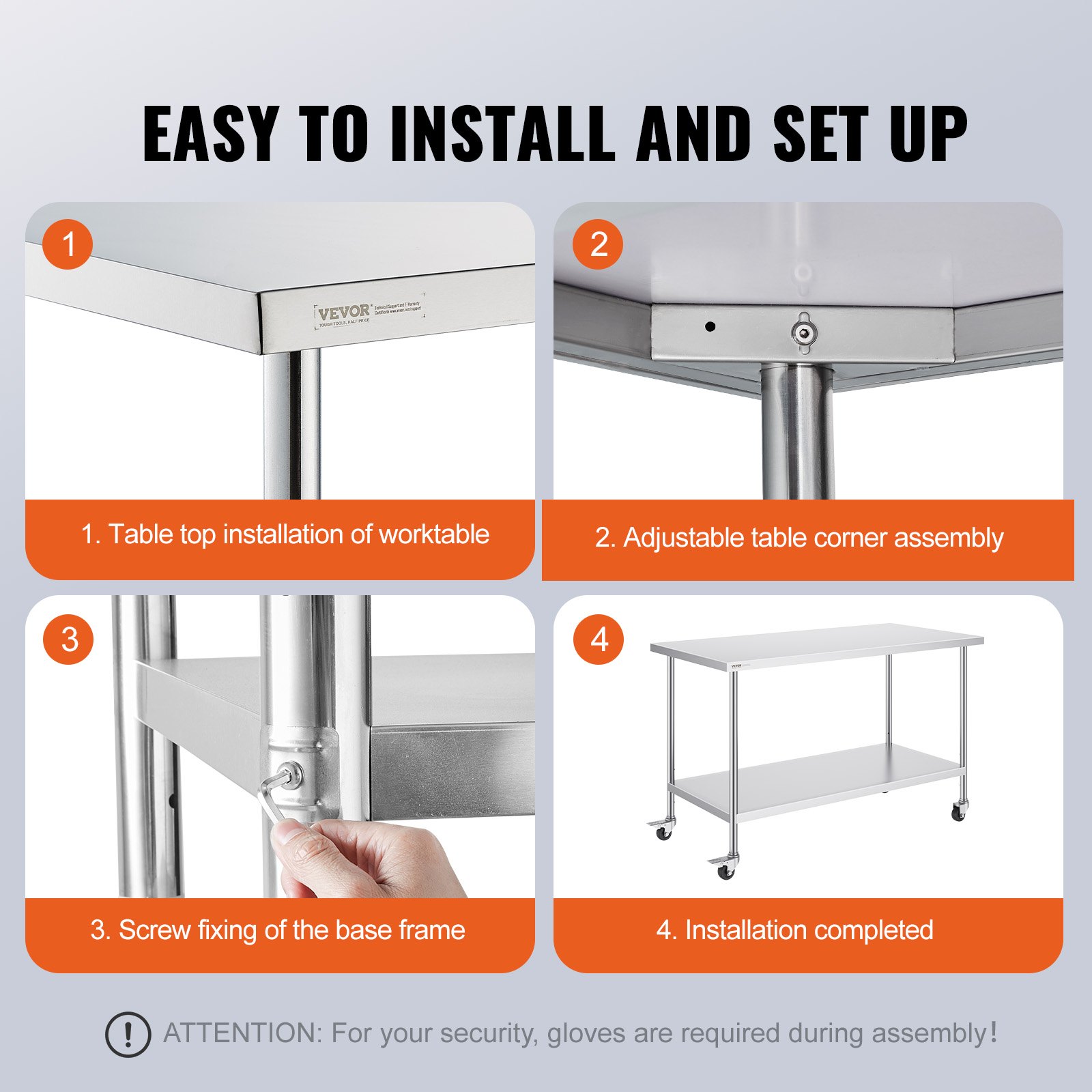 Stainless Steel Work Table 30 x 60 x 38 Inch, with 4 Wheels, 3 Adjustable Height Levels, Heavy Duty Food Prep Worktable for Commercial Kitchen Restaurant, Silver - Image 6