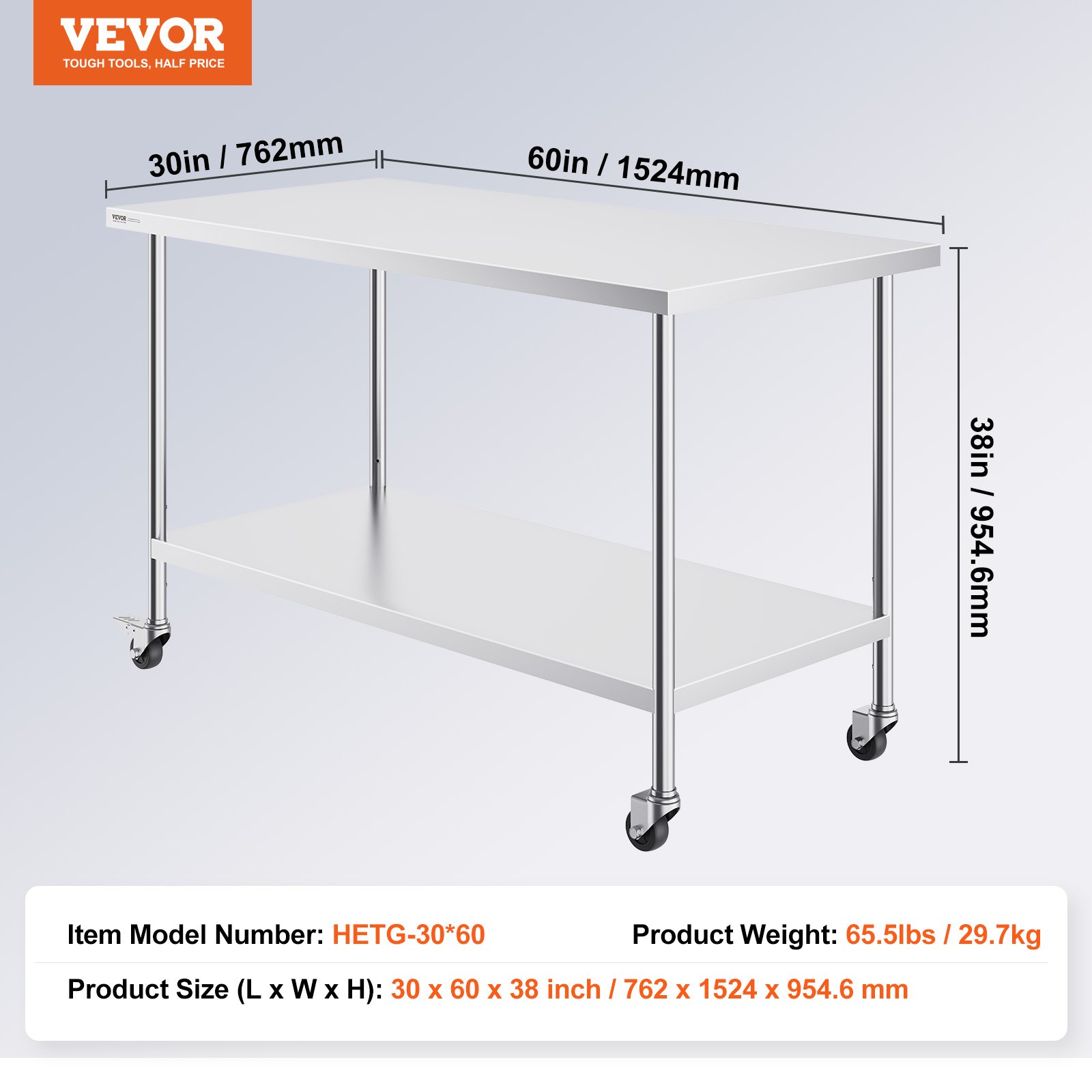 Stainless Steel Work Table 30 x 60 x 38 Inch, with 4 Wheels, 3 Adjustable Height Levels, Heavy Duty Food Prep Worktable for Commercial Kitchen Restaurant, Silver - Image 7