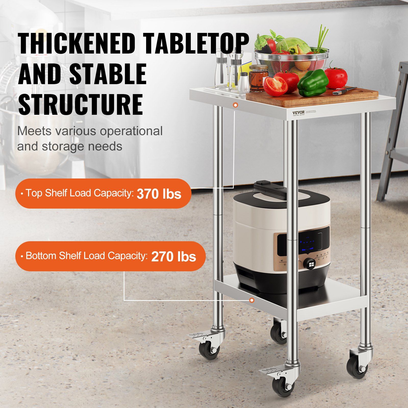 Stainless Steel Work Table 24 x 18 x 38 Inch, with 4 Wheels, 3 Adjustable Height Levels, Heavy Duty Food Prep Worktable for Commercial Kitchen Restaurant, Silver - Image 3