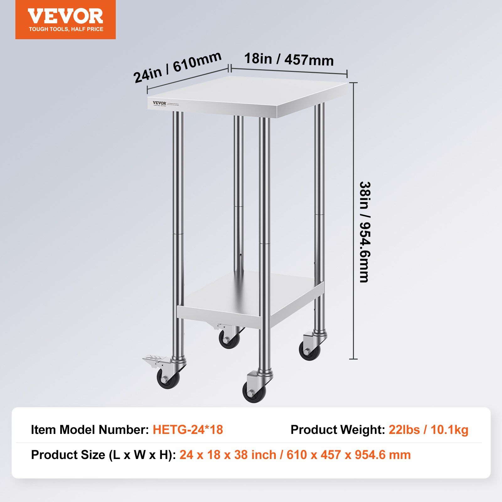Stainless Steel Work Table 24 x 18 x 38 Inch, with 4 Wheels, 3 Adjustable Height Levels, Heavy Duty Food Prep Worktable for Commercial Kitchen Restaurant, Silver - Image 7