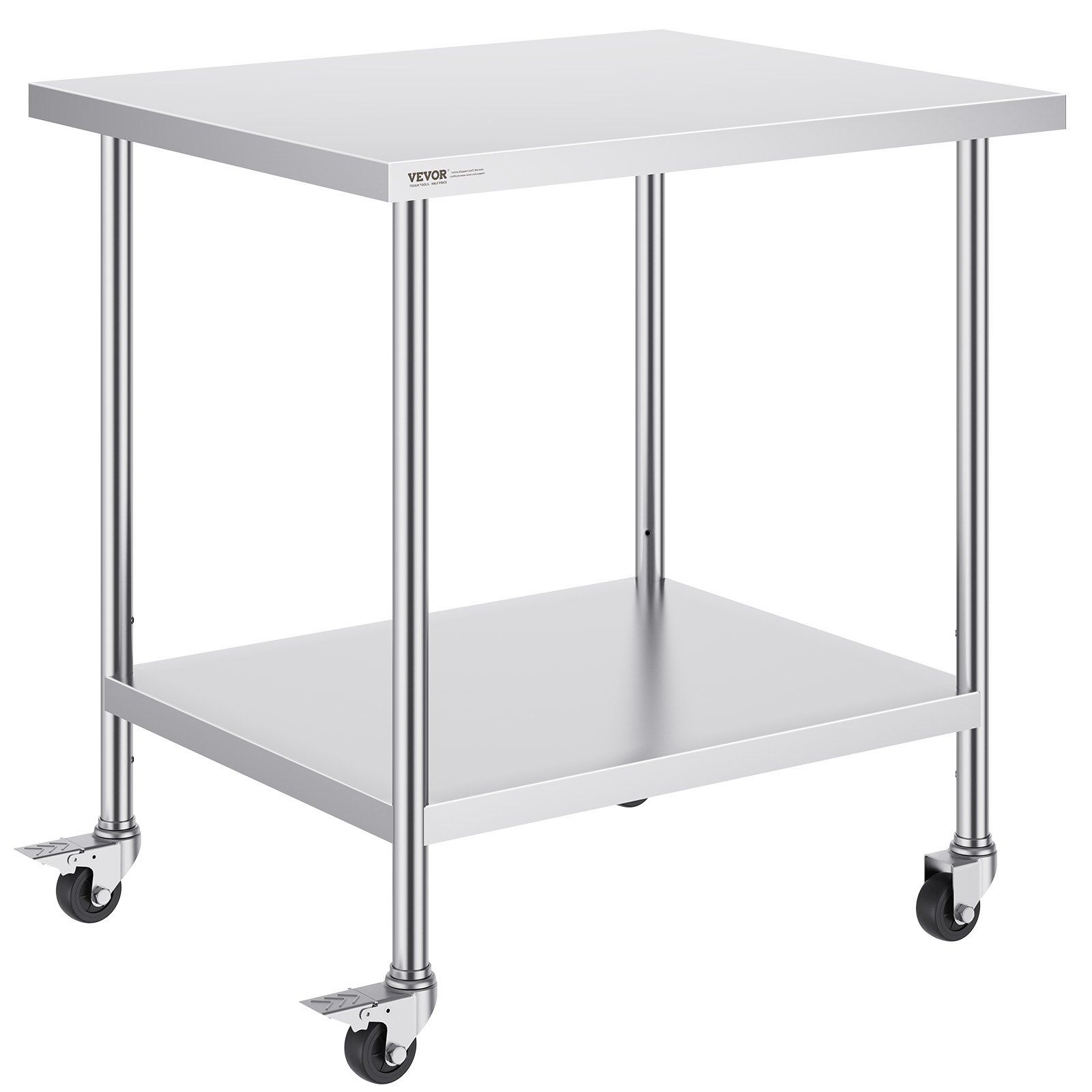 Stainless Steel Work Table 30 x 36 x 38 Inch, with 4 Wheels, 3 Adjustable Height Levels, Heavy Duty Food Prep Worktable for Commercial Kitchen Restaurant, Silver - Image 1