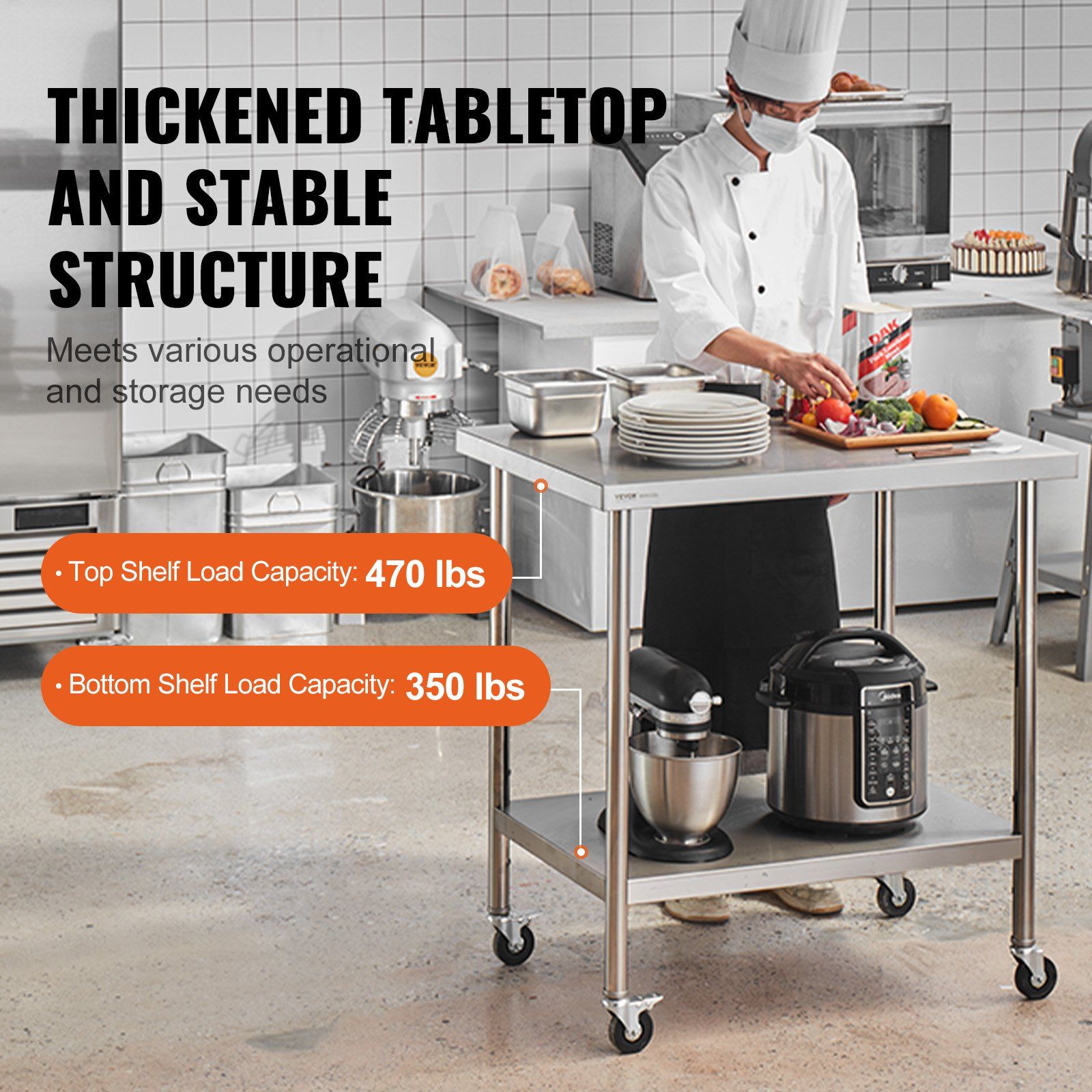 Stainless Steel Work Table 30 x 36 x 38 Inch, with 4 Wheels, 3 Adjustable Height Levels, Heavy Duty Food Prep Worktable for Commercial Kitchen Restaurant, Silver - Image 3