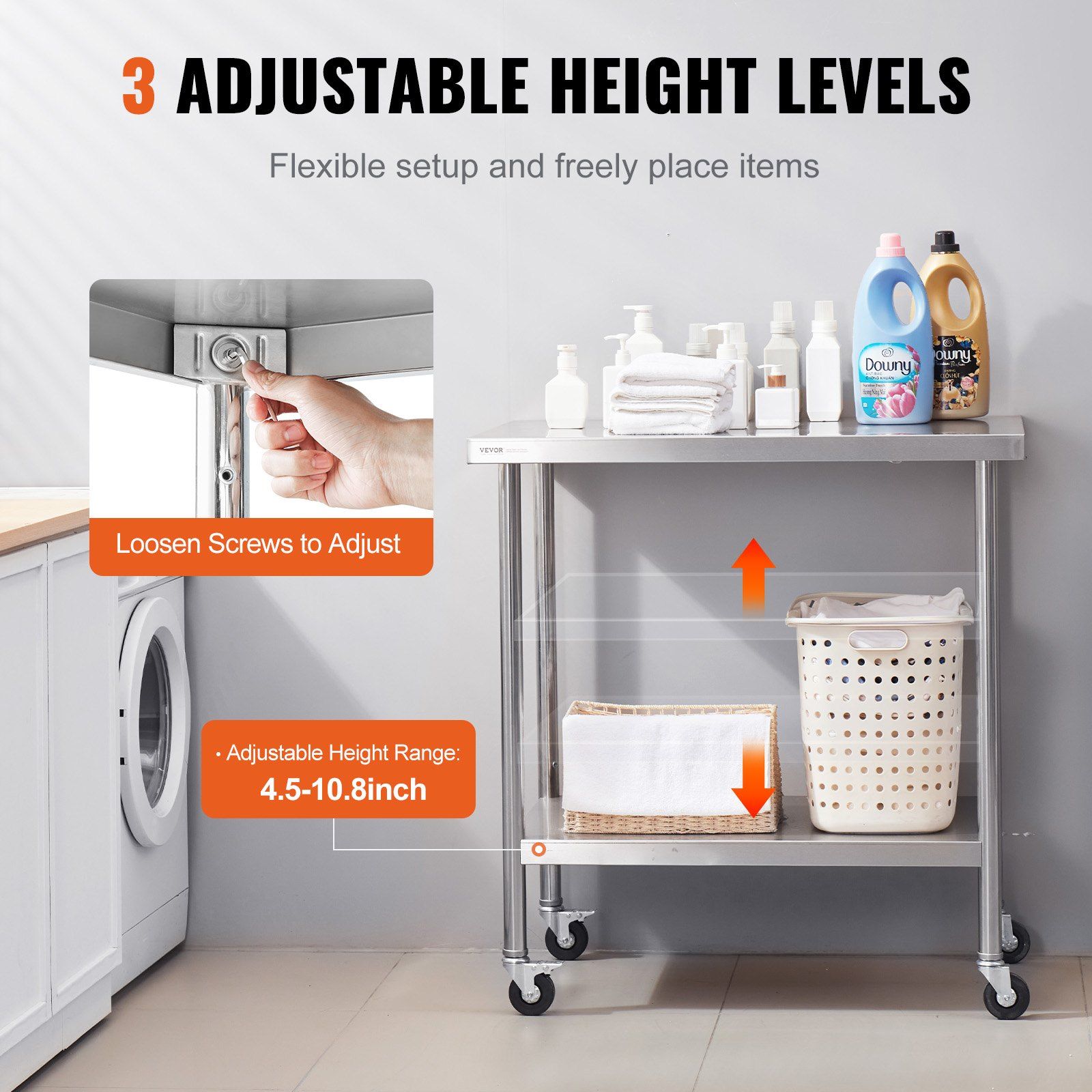 Stainless Steel Work Table 30 x 36 x 38 Inch, with 4 Wheels, 3 Adjustable Height Levels, Heavy Duty Food Prep Worktable for Commercial Kitchen Restaurant, Silver - Image 5