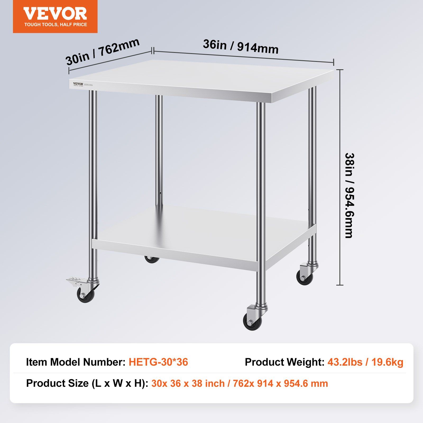 Stainless Steel Work Table 30 x 36 x 38 Inch, with 4 Wheels, 3 Adjustable Height Levels, Heavy Duty Food Prep Worktable for Commercial Kitchen Restaurant, Silver - Image 7