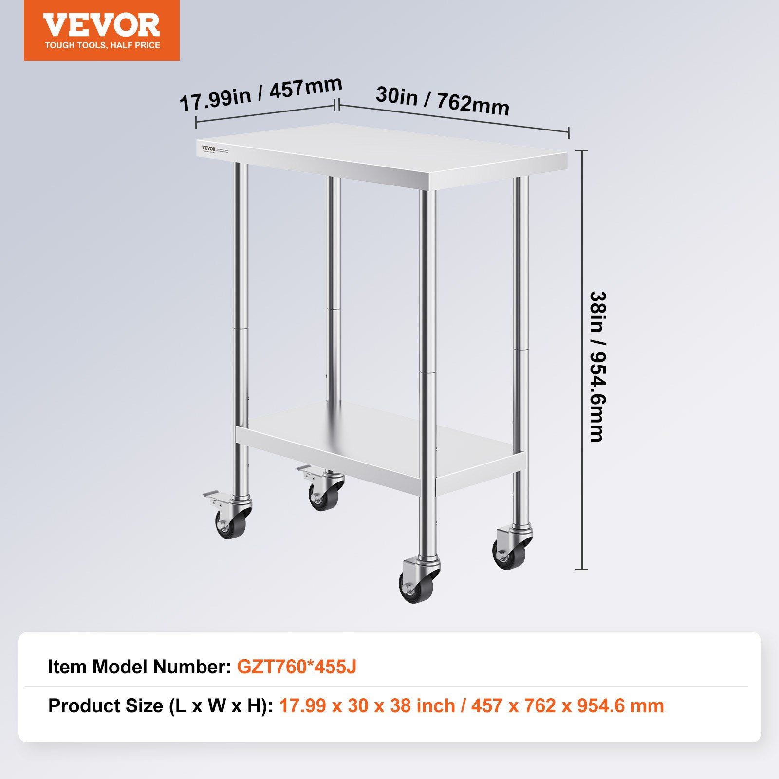 Stainless Steel Work Table 30 x 18 x 38 Inch, with 4 Wheels, 3 Adjustable Height Levels, Heavy Duty Food Prep Worktable for Commercial Kitchen Restaurant, Silver - Image 7