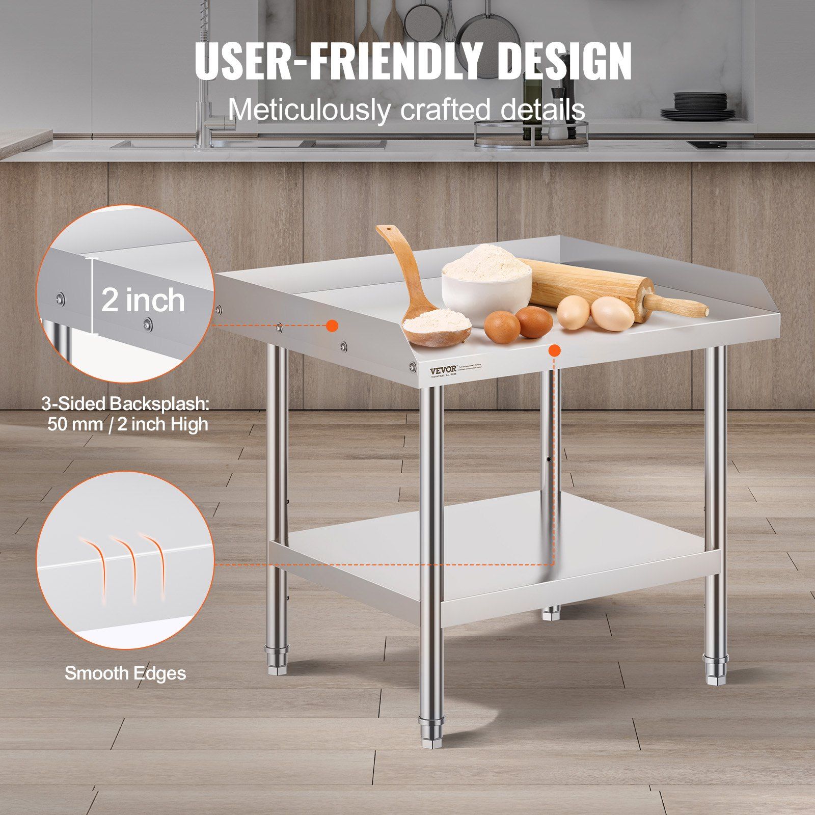 Stainless Steel Work Table, 24 x 28 x 26 Inch Commercial Food Prep Worktable, 3-Sided Backsplash Heavy Duty Prep Worktable, Metal Work Table with Adjustable Height for Restaurant Home Hotel - Image 4
