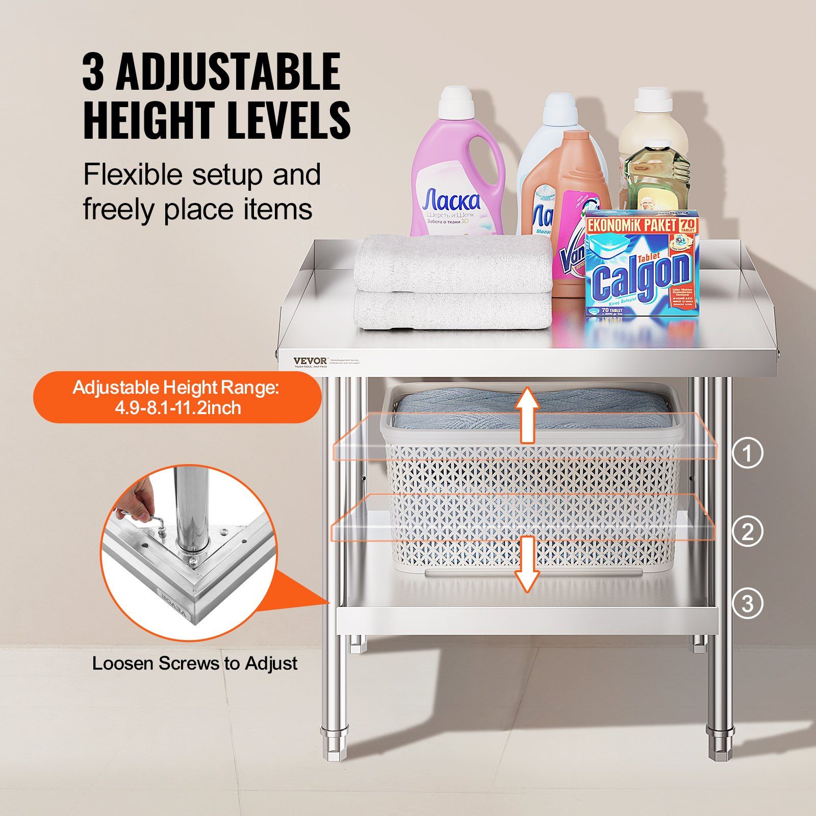 Stainless Steel Work Table, 24 x 28 x 26 Inch Commercial Food Prep Worktable, 3-Sided Backsplash Heavy Duty Prep Worktable, Metal Work Table with Adjustable Height for Restaurant Home Hotel - Image 5