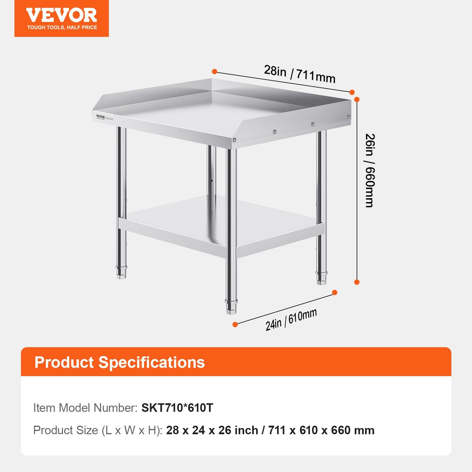Stainless Steel Work Table, 24 x 28 x 26 Inch Commercial Food Prep Worktable, 3-Sided Backsplash Heavy Duty Prep Worktable, Metal Work Table with Adjustable Height for Restaurant Home Hotel - Image 7