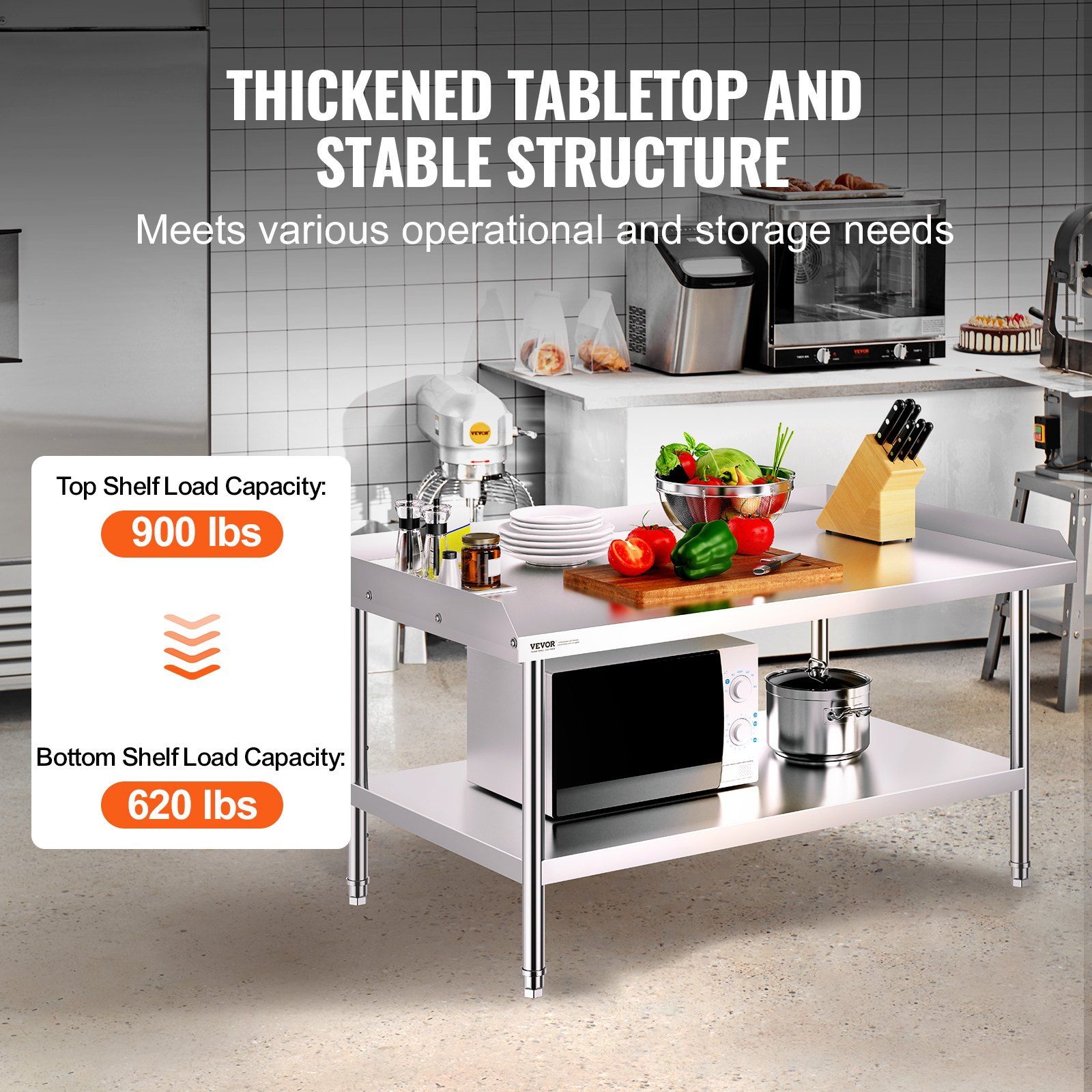 Stainless Steel Work Table, 762 x 1219 x 660 mm Commercial Food Prep Worktable, 3-Sided Backsplash Heavy Duty Prep Worktable, Metal Work Table with Adjustable Height for Restaurant Home Hotel - Image 3