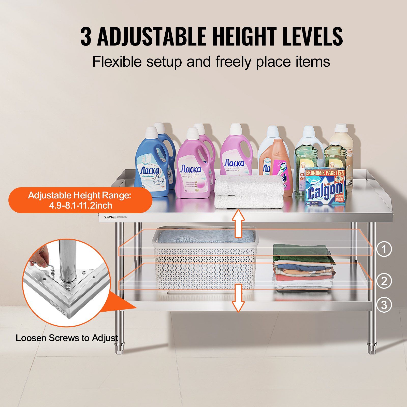 Stainless Steel Work Table, 762 x 1219 x 660 mm Commercial Food Prep Worktable, 3-Sided Backsplash Heavy Duty Prep Worktable, Metal Work Table with Adjustable Height for Restaurant Home Hotel - Image 5
