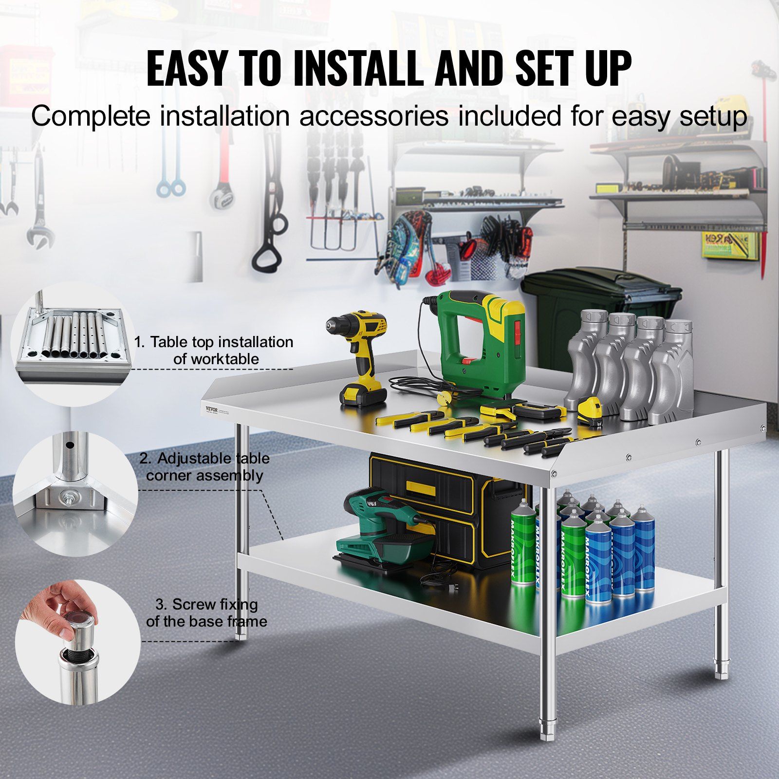 Stainless Steel Work Table, 762 x 1219 x 660 mm Commercial Food Prep Worktable, 3-Sided Backsplash Heavy Duty Prep Worktable, Metal Work Table with Adjustable Height for Restaurant Home Hotel - Image 6