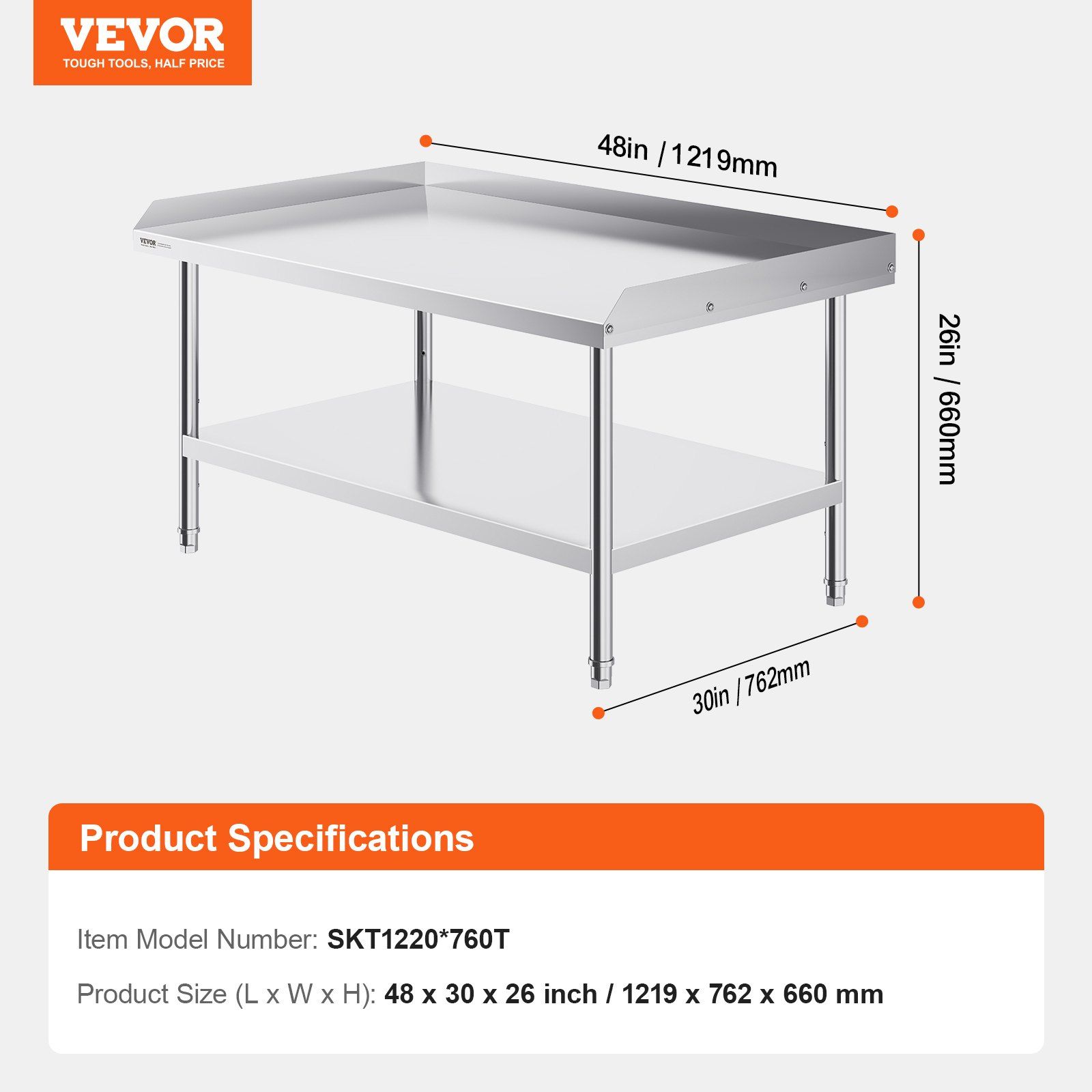 Stainless Steel Work Table, 762 x 1219 x 660 mm Commercial Food Prep Worktable, 3-Sided Backsplash Heavy Duty Prep Worktable, Metal Work Table with Adjustable Height for Restaurant Home Hotel - Image 7